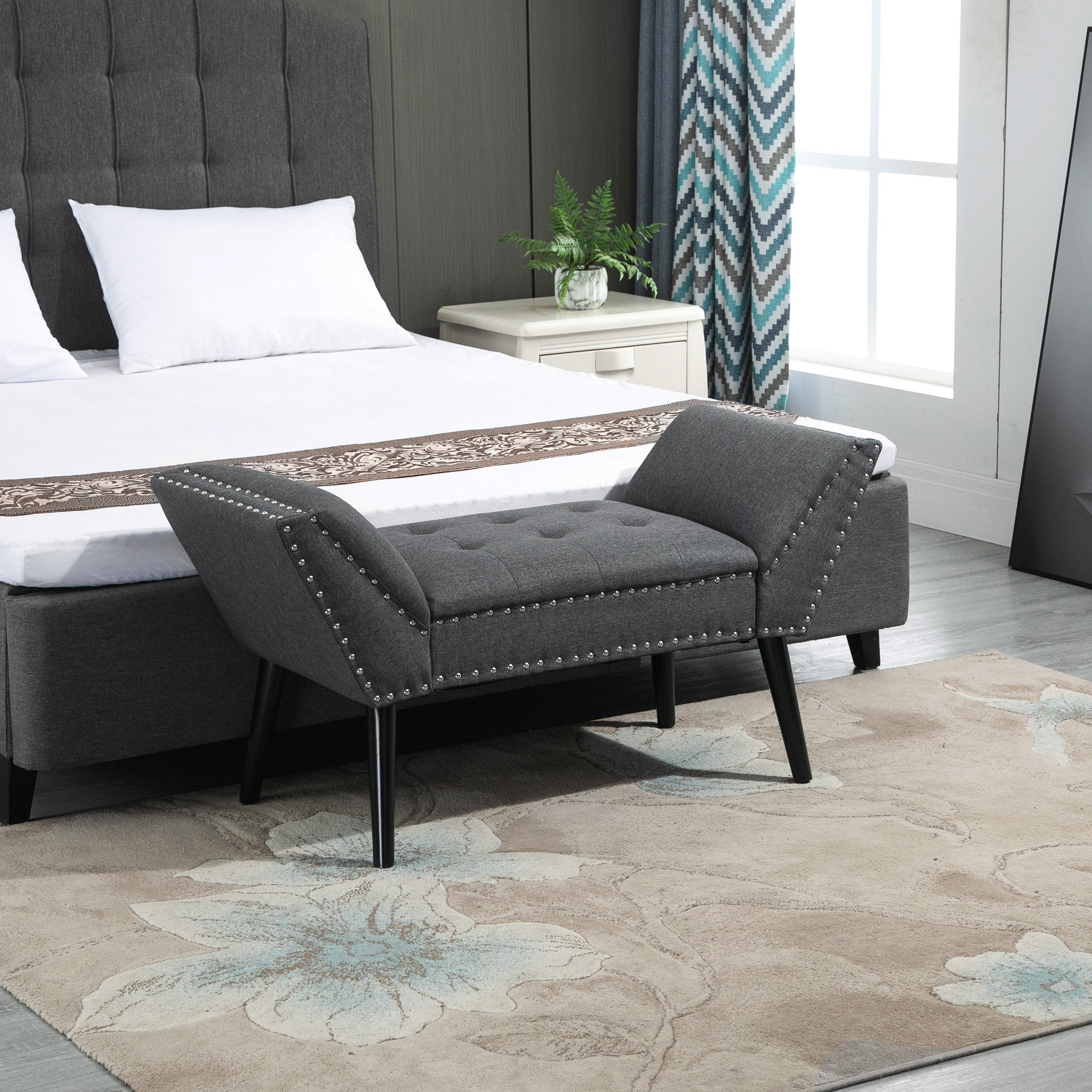 HOMCOM Button Tufted End of Bed Bench, Linen Fabric Upholstered Bedroom Bench, Entryway Bench with Arms and Nailhead Trim for Living Room, Hallway, Dark Grey