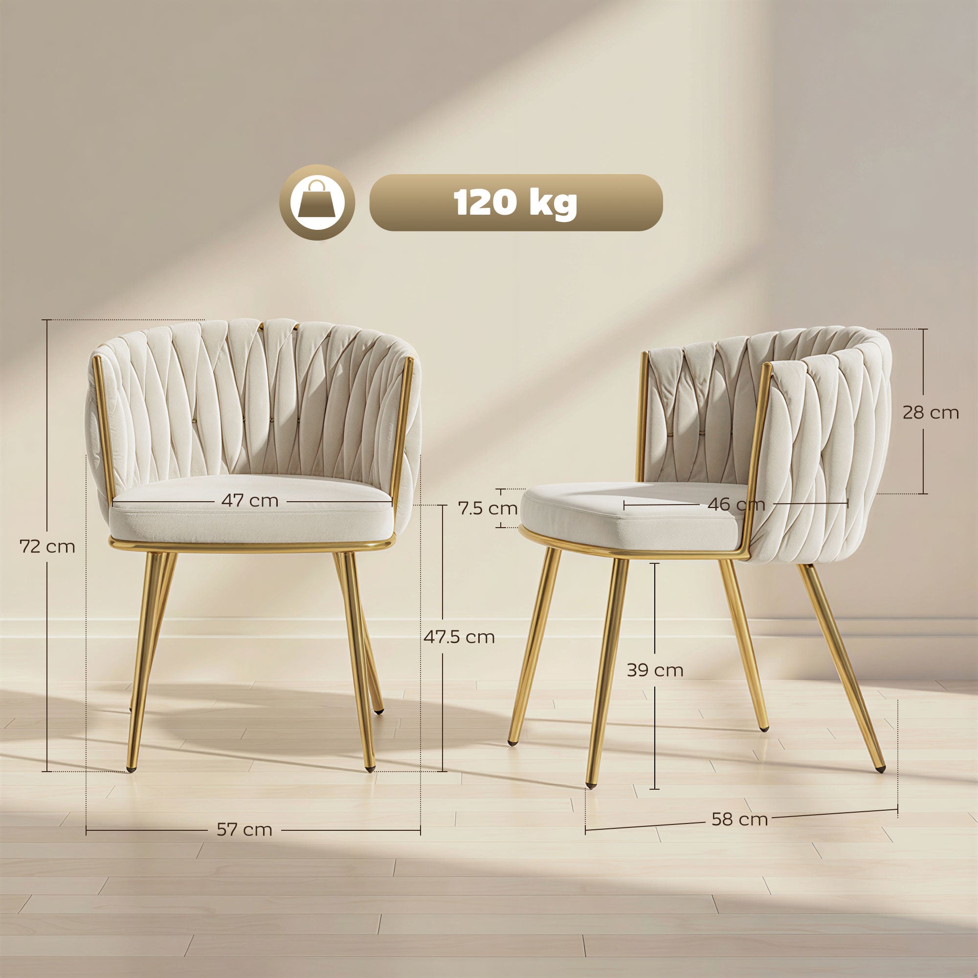 Velvet-Feel Dining Chairs Set of 2, Modern Upholstered Kitchen Chairs with Woven Backrest and Armrests, Metal Legs and Padded Seat for Dining Room, Bedroom, Living Room, Cream