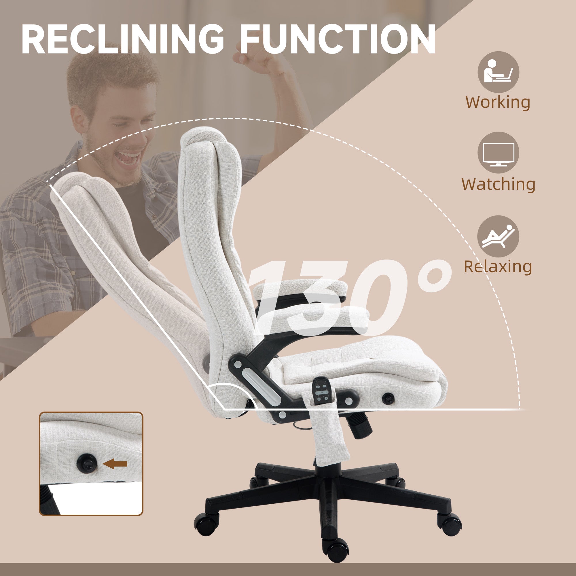 Vinsetto 6 Point Vibrating Massage Home Office Chair High Back Executive Chair with Reclining Back, Swivel Wheels, White