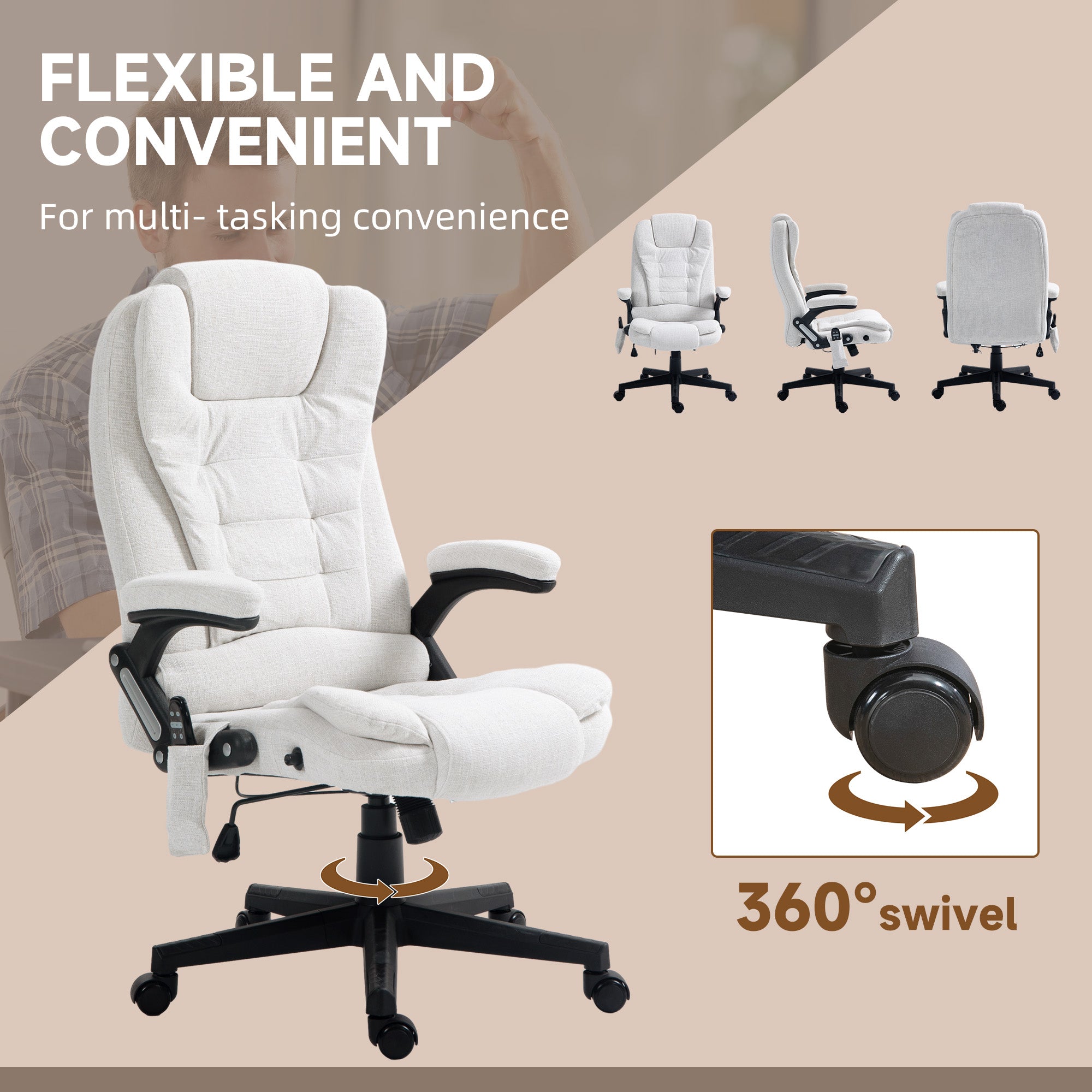 Vinsetto 6 Point Vibrating Massage Home Office Chair High Back Executive Chair with Reclining Back, Swivel Wheels, White