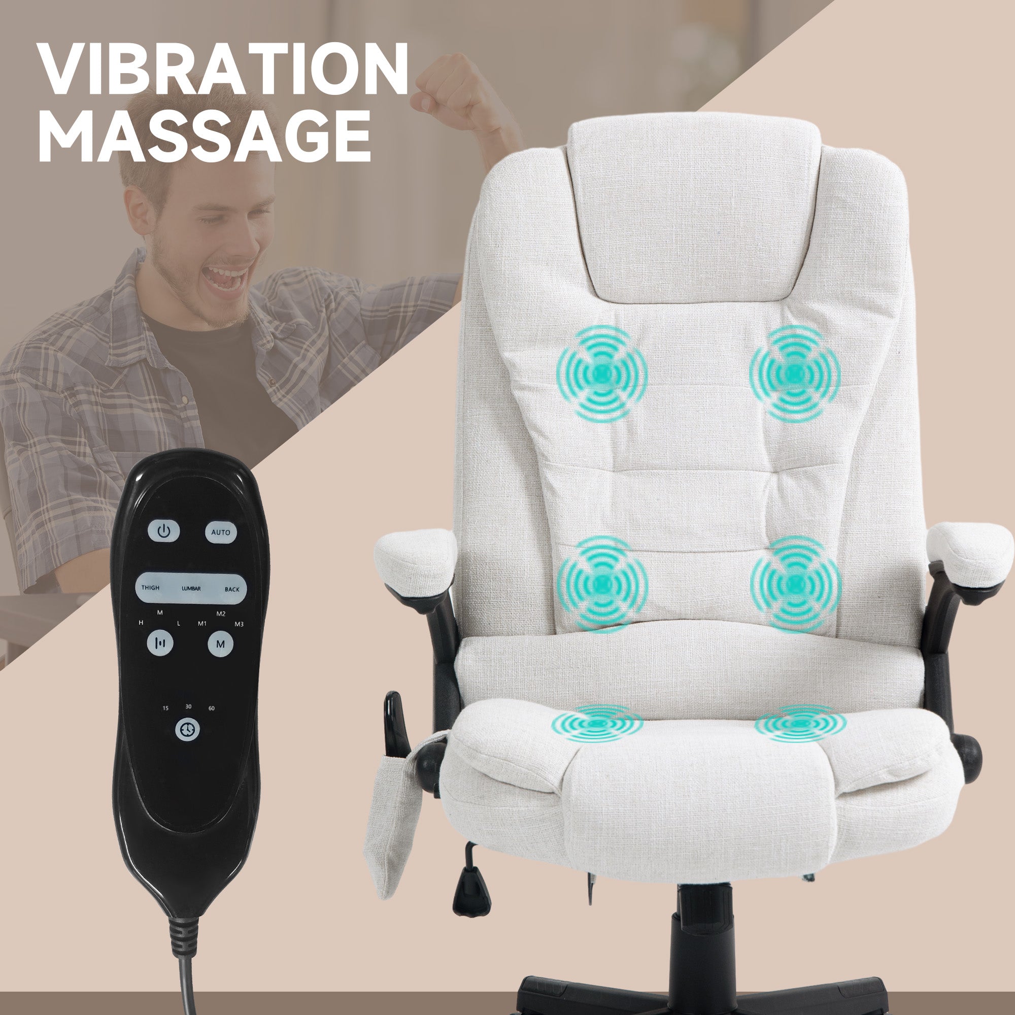 Vinsetto 6 Point Vibrating Massage Home Office Chair High Back Executive Chair with Reclining Back, Swivel Wheels, White