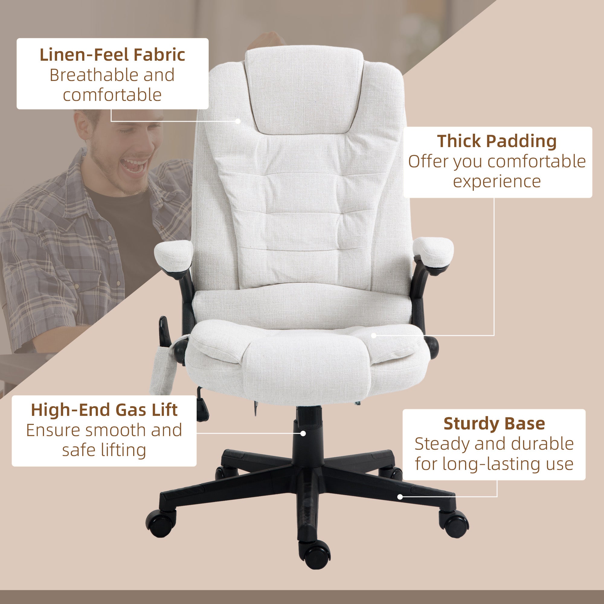 Vinsetto 6 Point Vibrating Massage Home Office Chair High Back Executive Chair with Reclining Back, Swivel Wheels, White