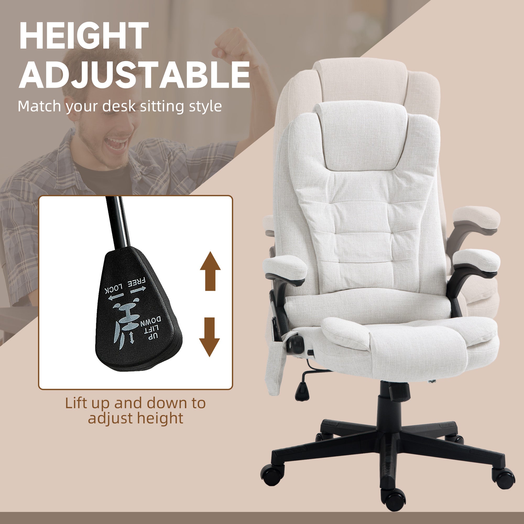 Vinsetto 6 Point Vibrating Massage Home Office Chair High Back Executive Chair with Reclining Back, Swivel Wheels, White