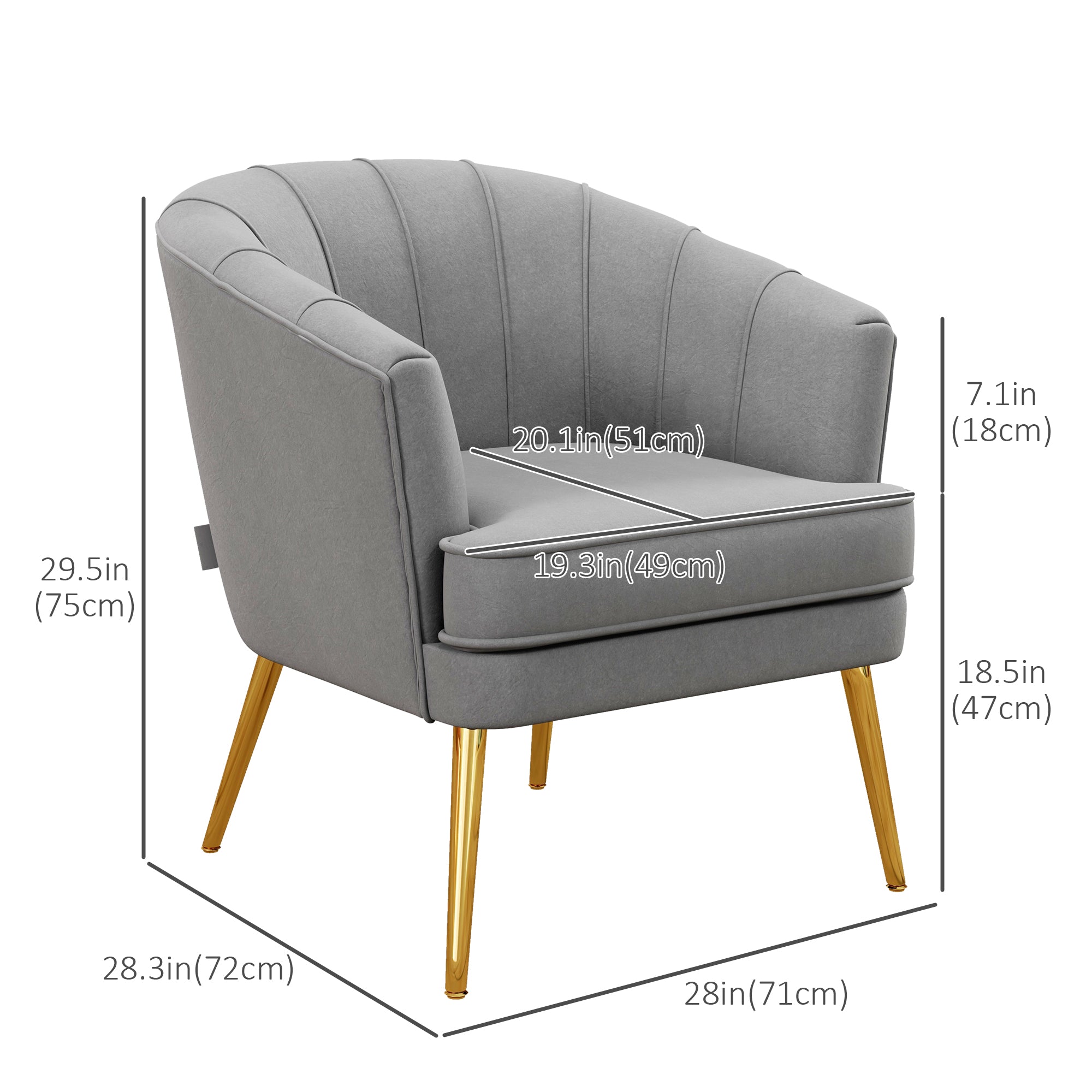 HOMCOM Fabric Accent Chair, Velvet Armchair, Modern Living Room Chair with Gold Metal Legs and Thick Padding for Bedroom, Grey