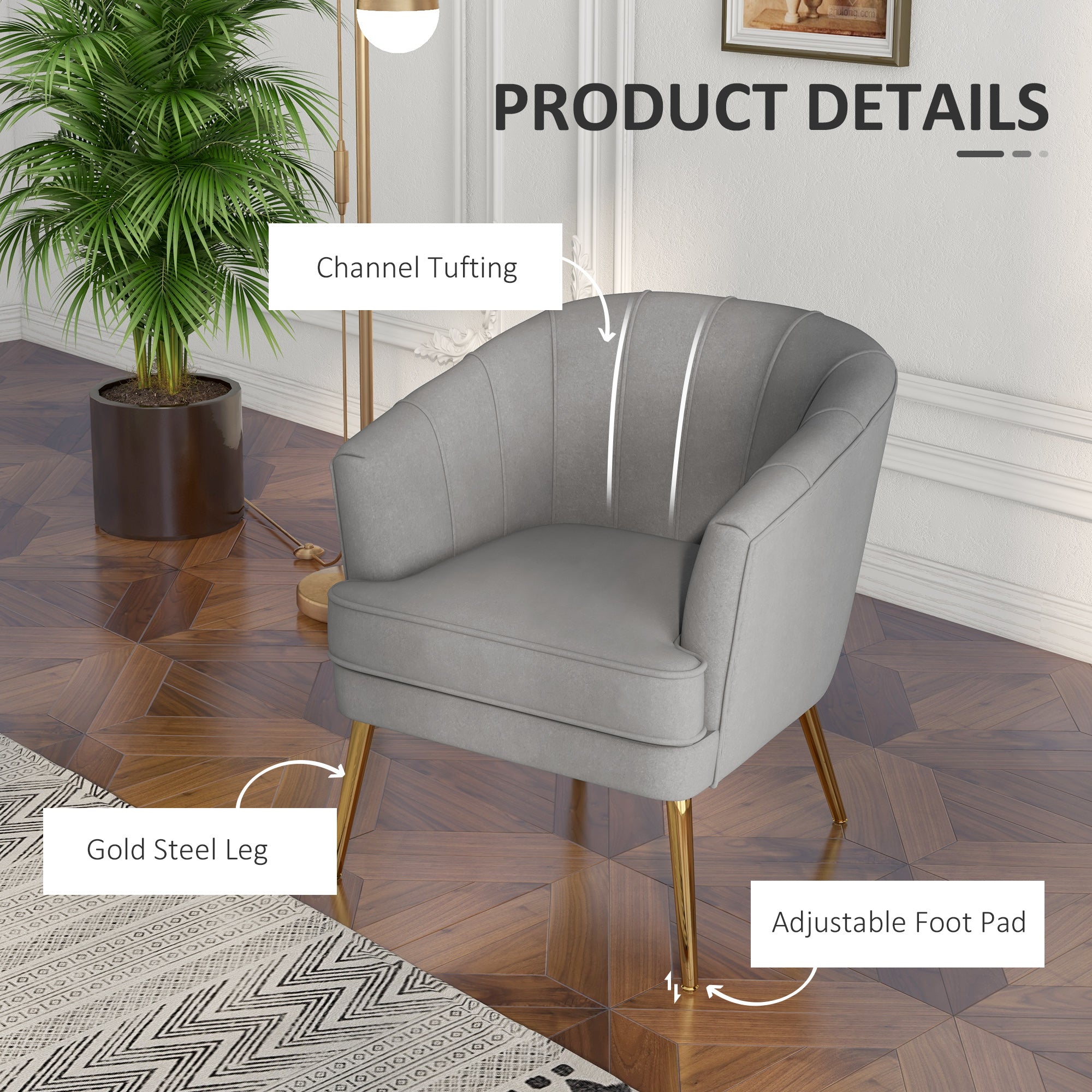 HOMCOM Fabric Accent Chair, Velvet Armchair, Modern Living Room Chair with Gold Metal Legs and Thick Padding for Bedroom, Grey