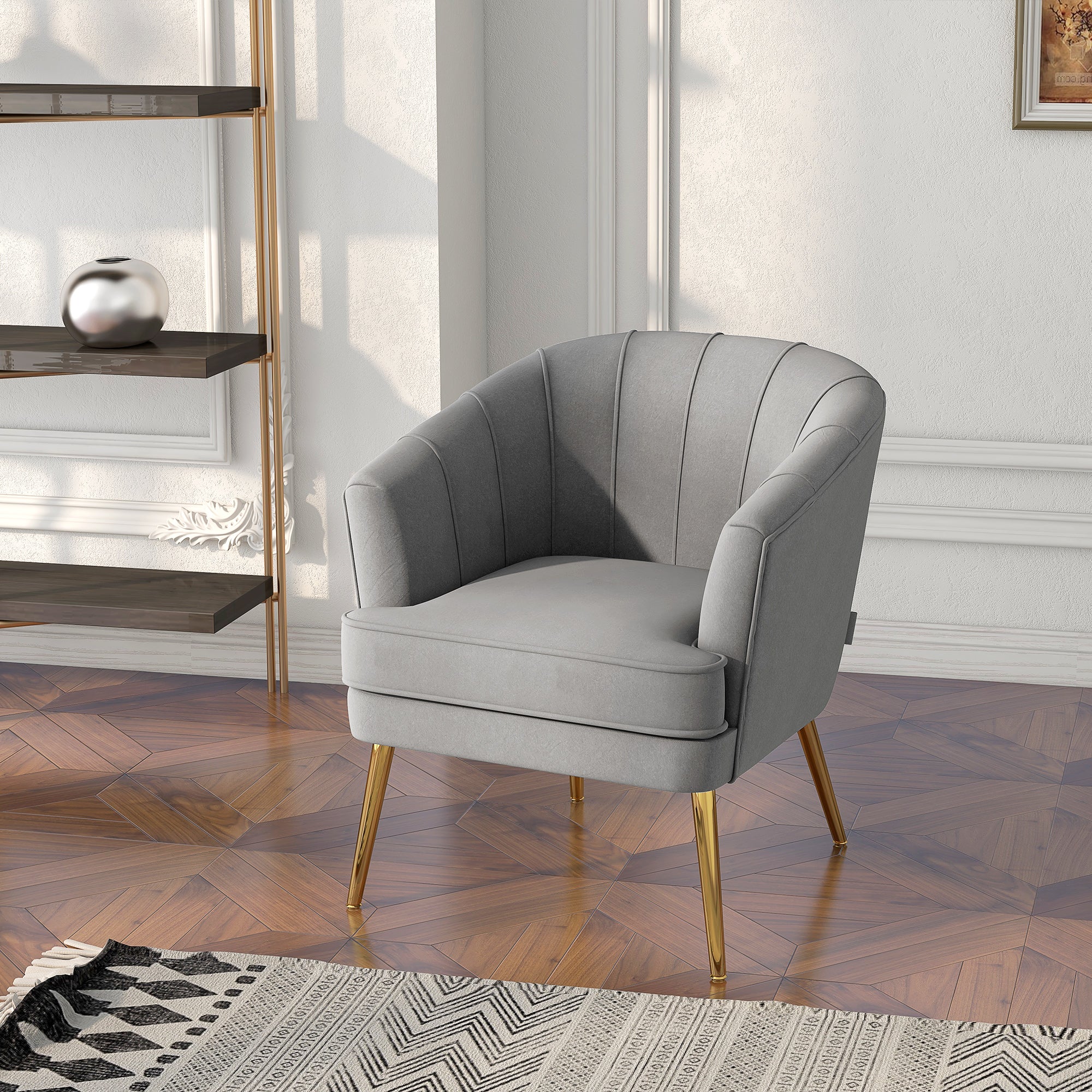 HOMCOM Fabric Accent Chair, Velvet Armchair, Modern Living Room Chair with Gold Metal Legs and Thick Padding for Bedroom, Grey