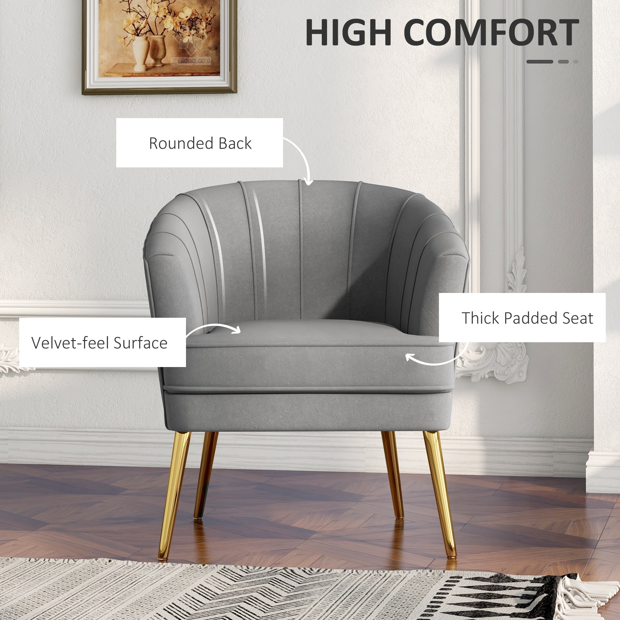 HOMCOM Fabric Accent Chair, Velvet Armchair, Modern Living Room Chair with Gold Metal Legs and Thick Padding for Bedroom, Grey