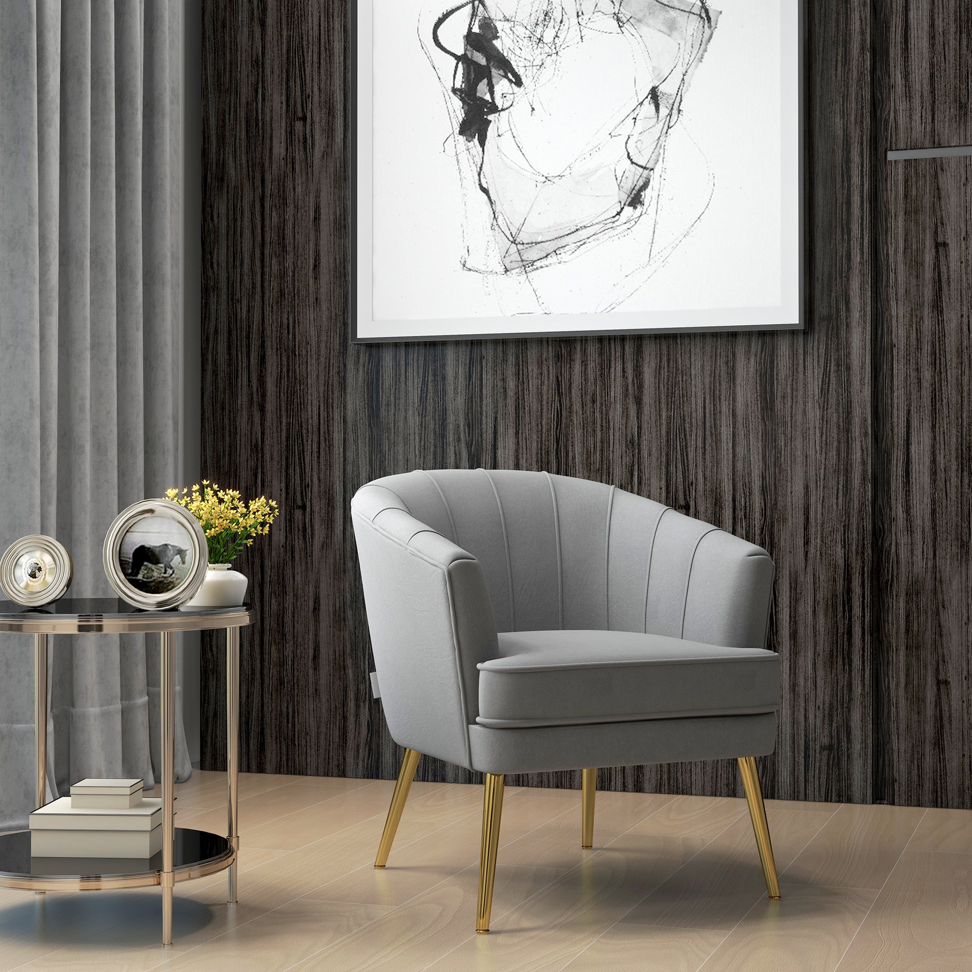 HOMCOM Fabric Accent Chair, Velvet Armchair, Modern Living Room Chair with Gold Metal Legs and Thick Padding for Bedroom, Grey