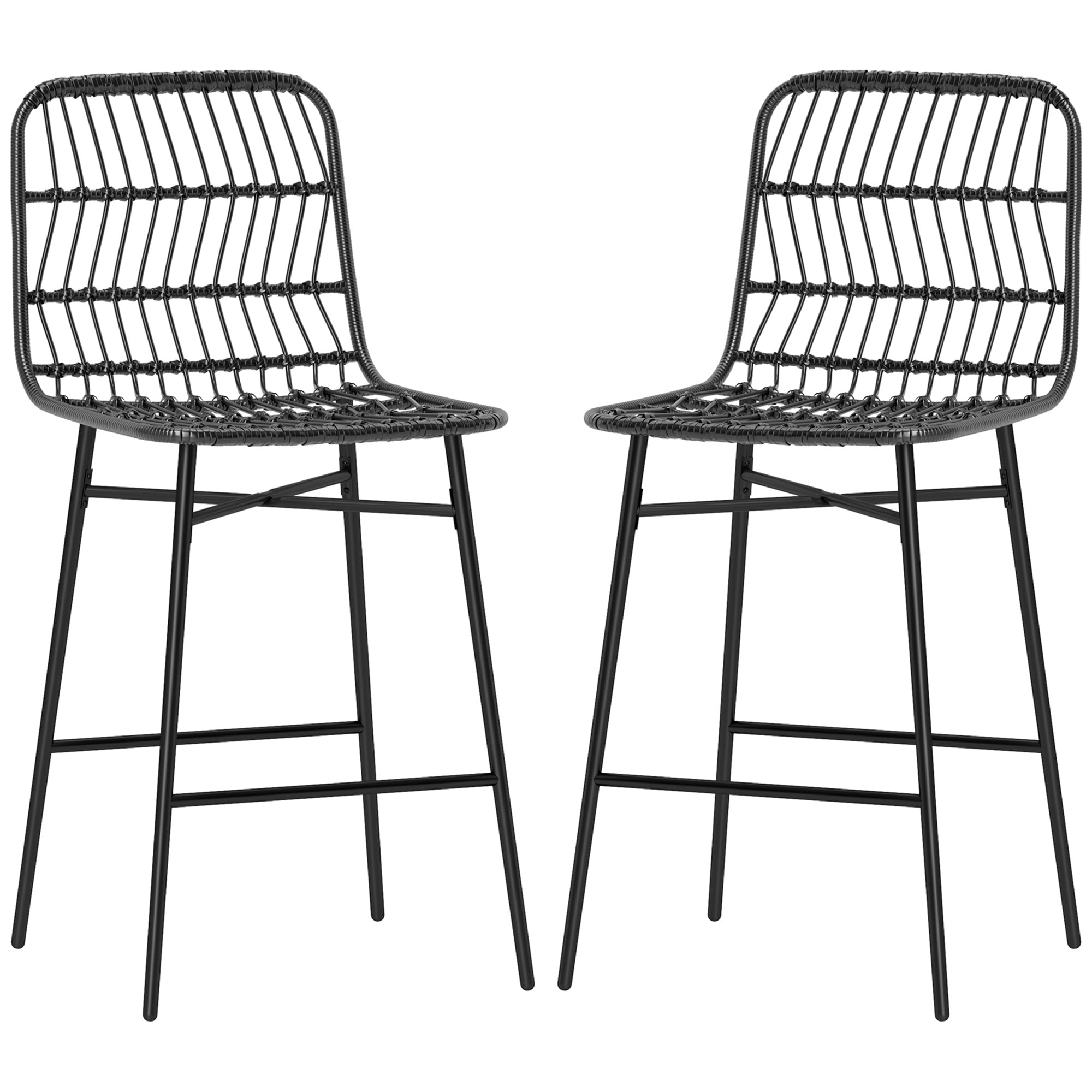 HOMCOM Rattan Counter Height Bar Stools Set of 2, 26" Wicker Barstools with Back, Modern Bar Chairs for Kitchen Island, Kitchen Counter and Dining Room, Black