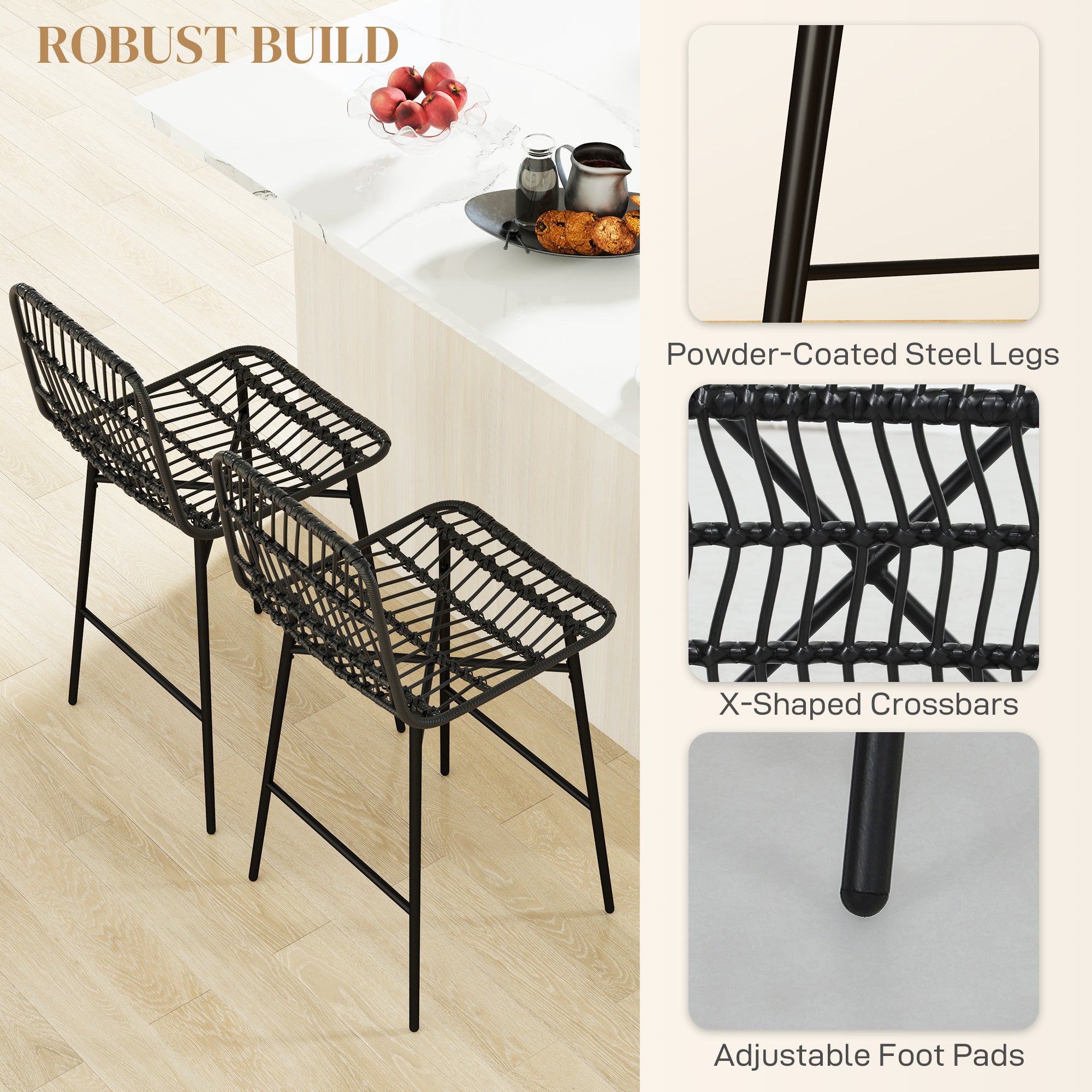 HOMCOM Rattan Counter Height Bar Stools Set of 2, 26" Wicker Barstools with Back, Modern Bar Chairs for Kitchen Island, Kitchen Counter and Dining Room, Black