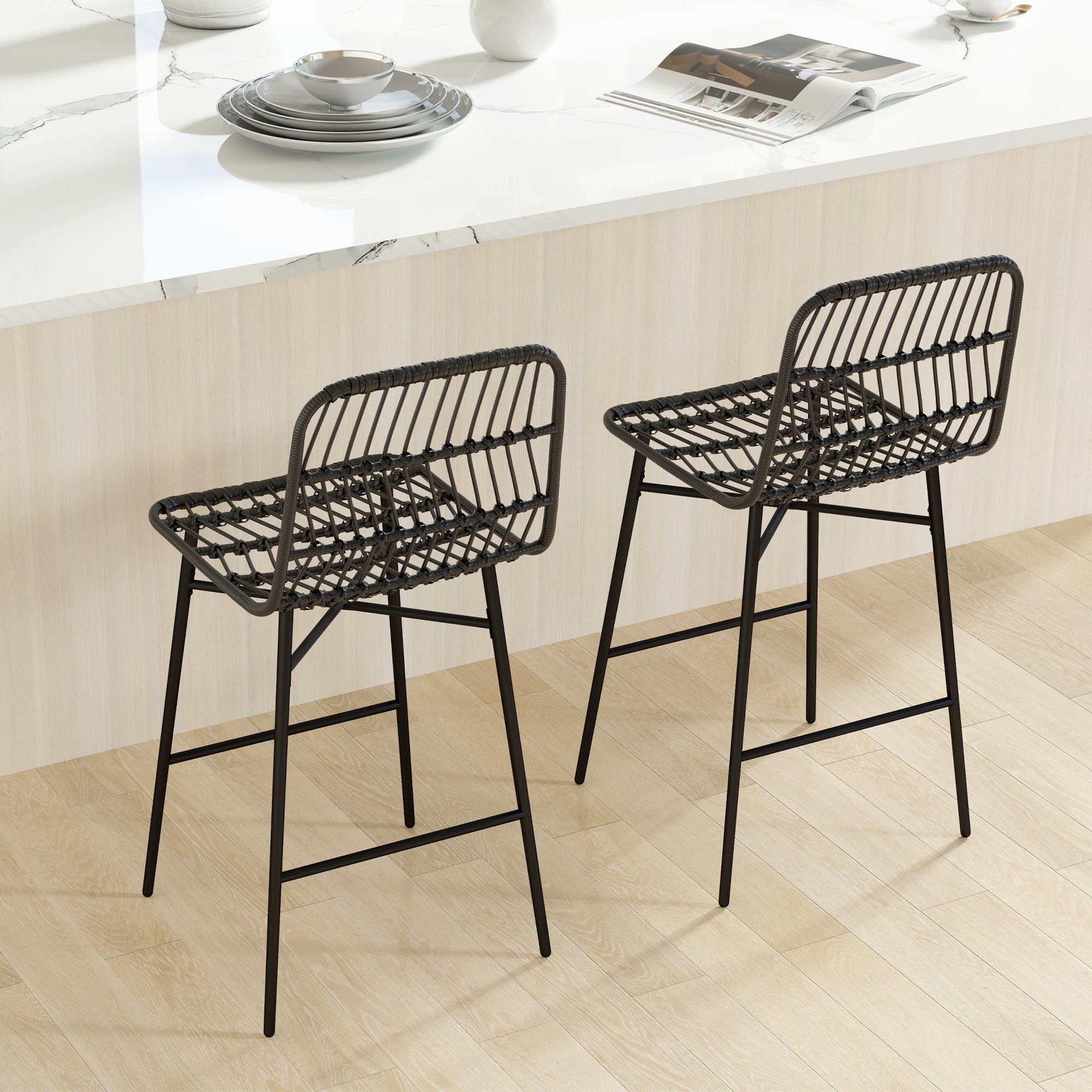 HOMCOM Rattan Counter Height Bar Stools Set of 2, 26" Wicker Barstools with Back, Modern Bar Chairs for Kitchen Island, Kitchen Counter and Dining Room, Black