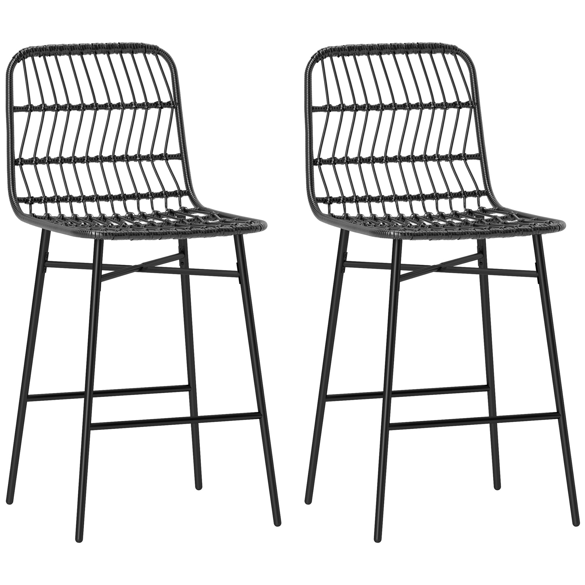 HOMCOM Rattan Counter Height Bar Stools Set of 2, 26" Wicker Barstools with Back, Modern Bar Chairs for Kitchen Island, Kitchen Counter and Dining Room, Black
