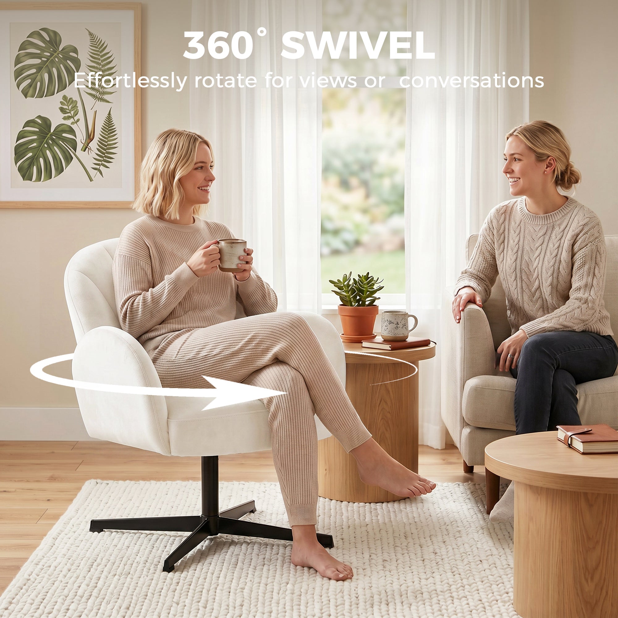 Swivel Accent Chair, Velvet-Feel Fabric Shell-Shaped Armchair with Spring Cushion, Metal Base, Modern Reading Chair for Living Room, Bedroom, Study, Makeup, Cream White
