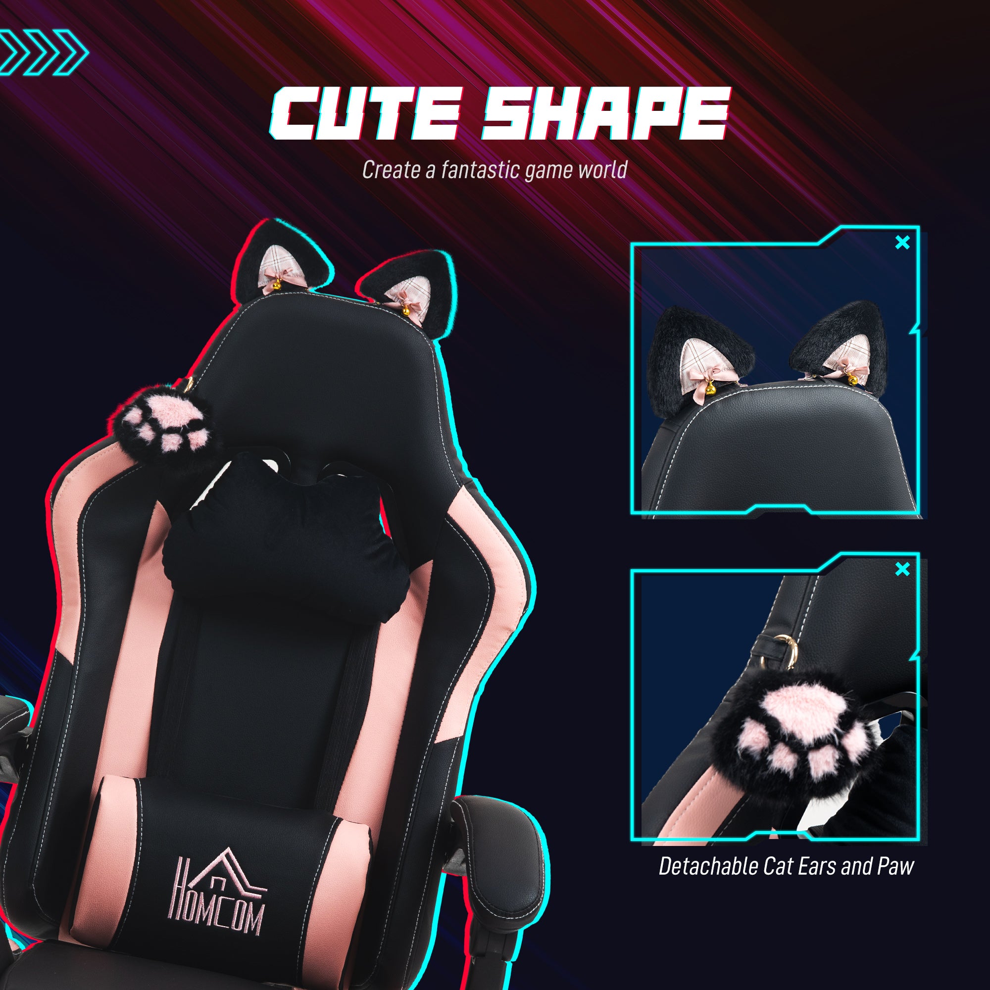 Racing Gaming Chair with Cat Ears, Reclining Faux Leather Computer Chair with Footrest, Lumbar Support and Headrest, Height Adjustable Swivel Seat, Black