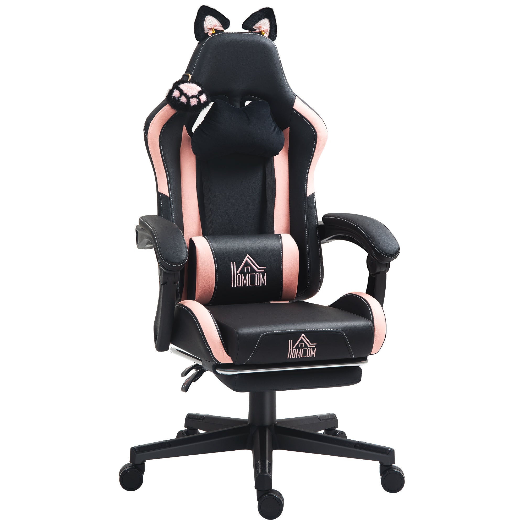 Racing Gaming Chair with Cat Ears, Reclining Faux Leather Computer Chair with Footrest, Lumbar Support and Headrest, Height Adjustable Swivel Seat, Black