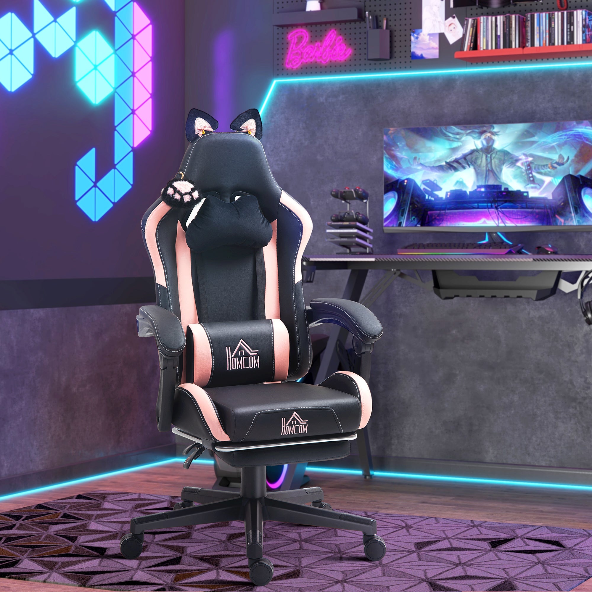 Racing Gaming Chair with Cat Ears, Reclining Faux Leather Computer Chair with Footrest, Lumbar Support and Headrest, Height Adjustable Swivel Seat, Black