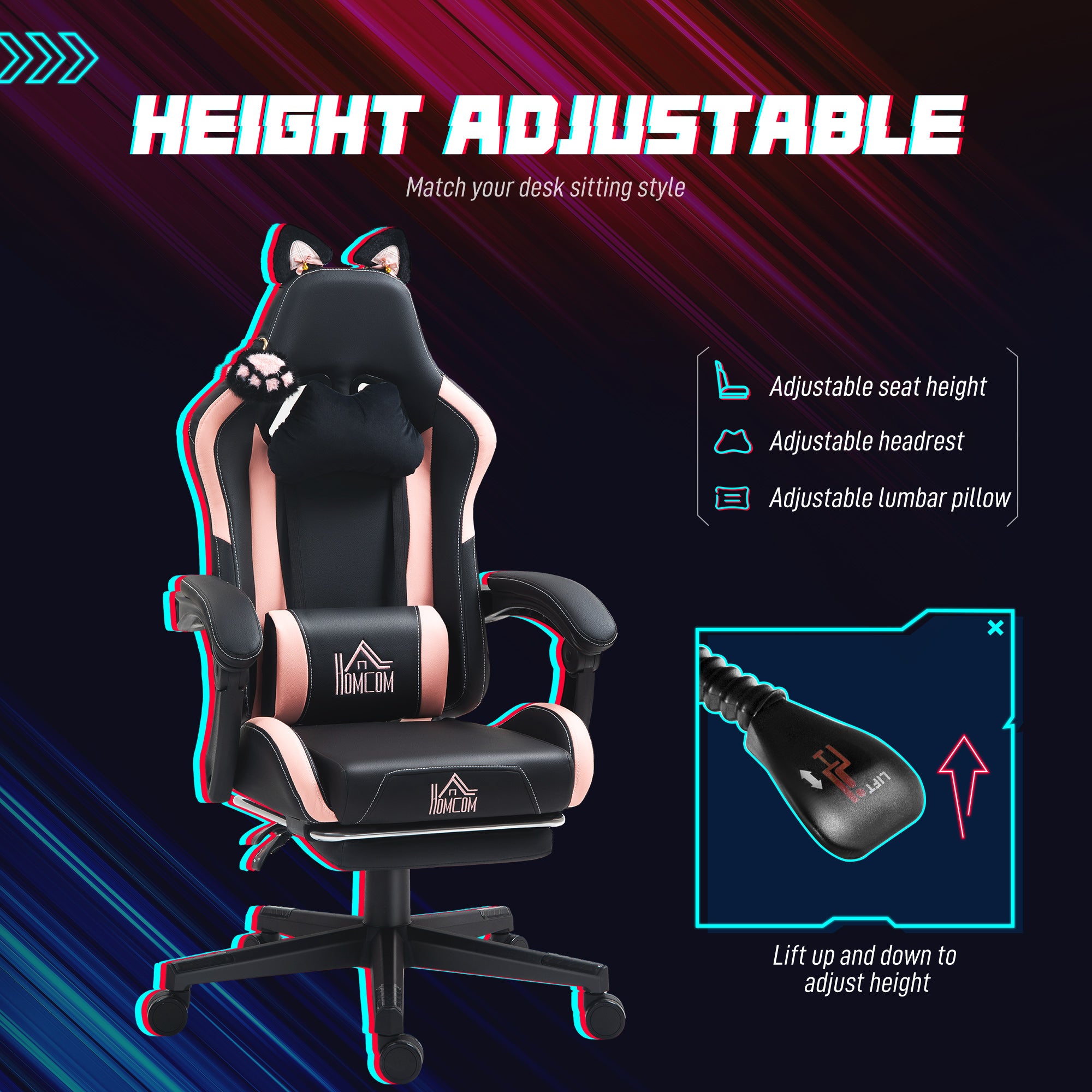 Racing Gaming Chair with Cat Ears, Reclining Faux Leather Computer Chair with Footrest, Lumbar Support and Headrest, Height Adjustable Swivel Seat, Black