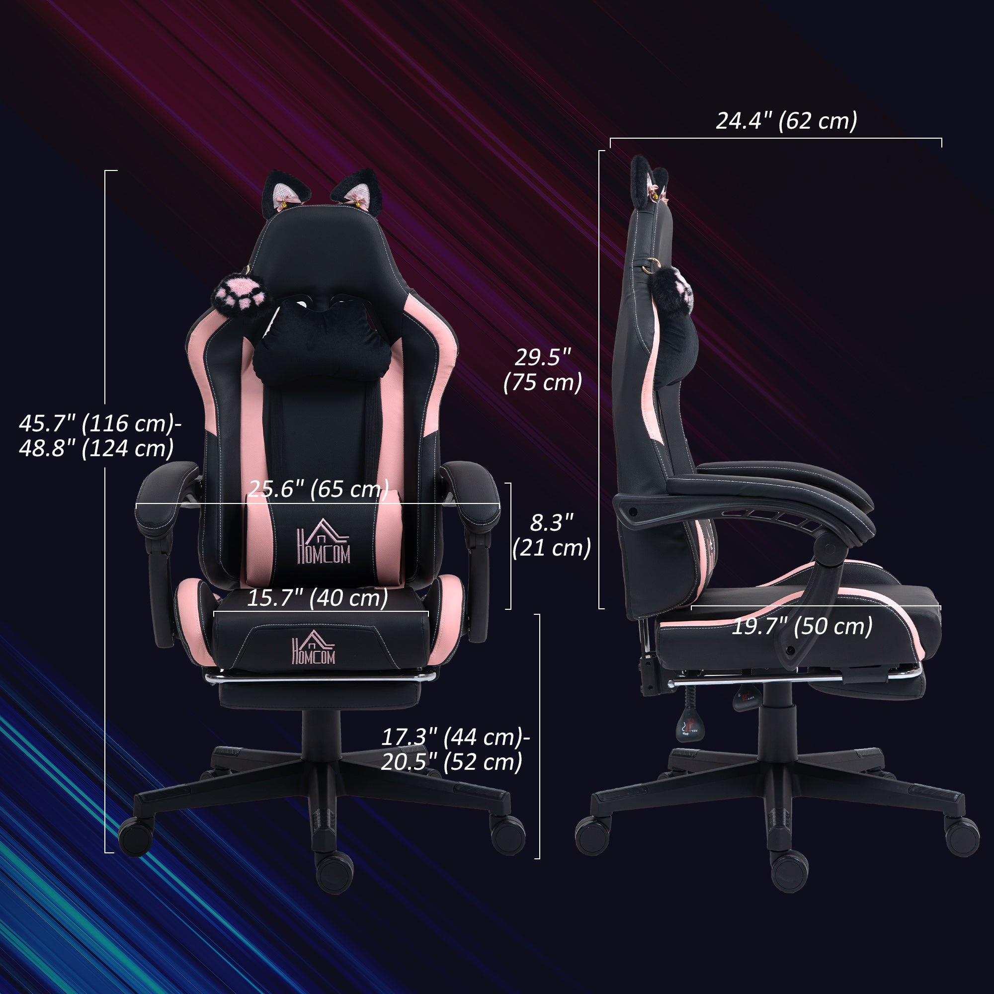 Racing Gaming Chair with Cat Ears, Reclining Faux Leather Computer Chair with Footrest, Lumbar Support and Headrest, Height Adjustable Swivel Seat, Black