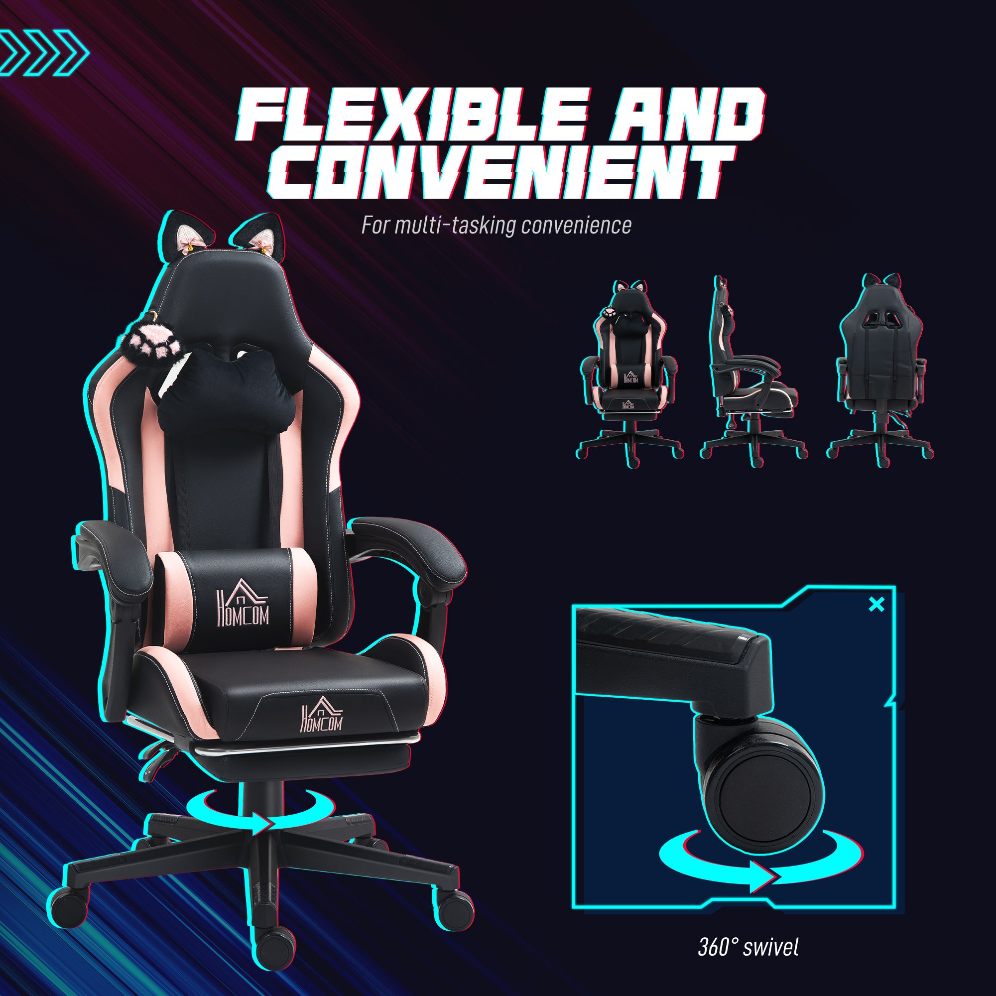 Racing Gaming Chair with Cat Ears, Reclining Faux Leather Computer Chair with Footrest, Lumbar Support and Headrest, Height Adjustable Swivel Seat, Black