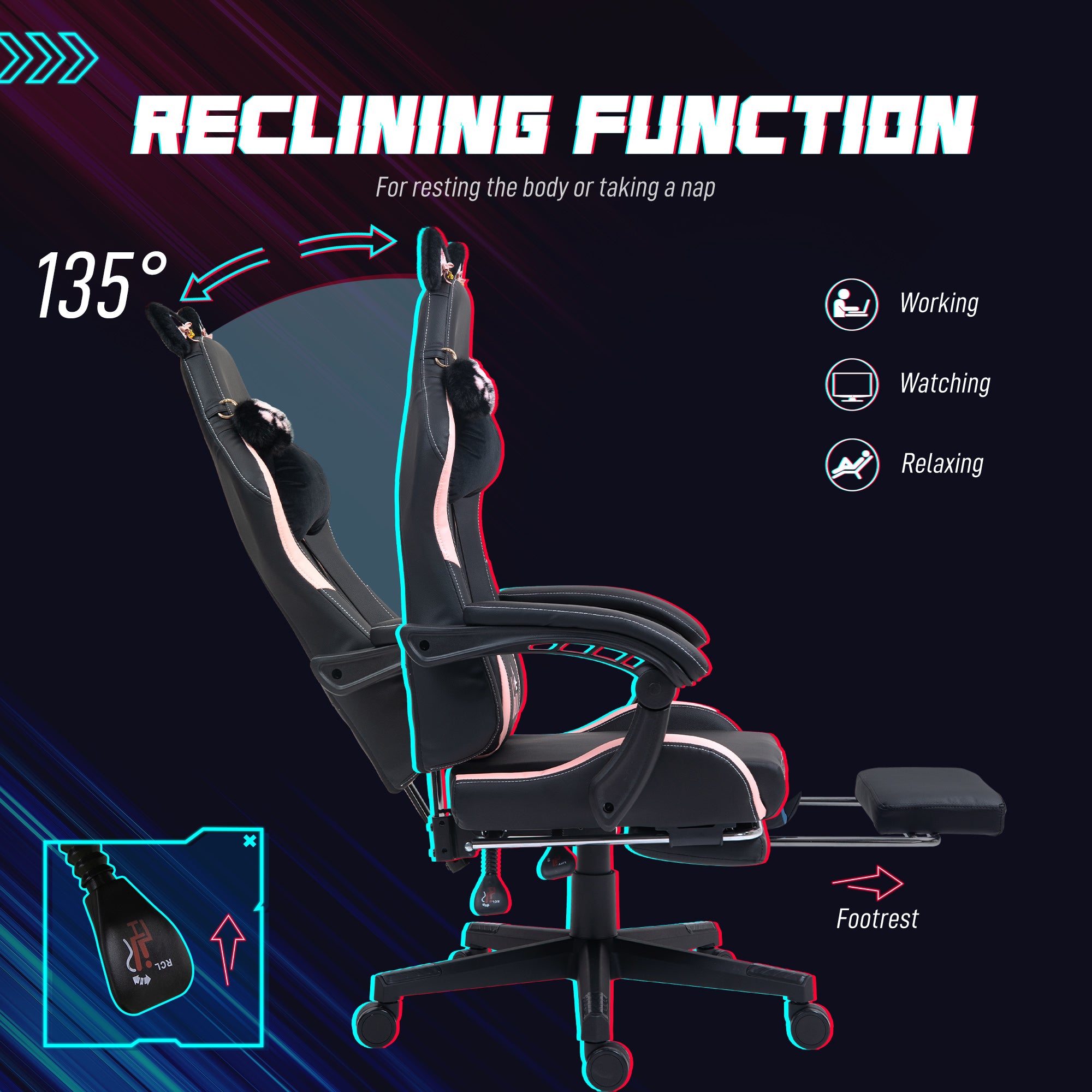 Racing Gaming Chair with Cat Ears, Reclining Faux Leather Computer Chair with Footrest, Lumbar Support and Headrest, Height Adjustable Swivel Seat, Black