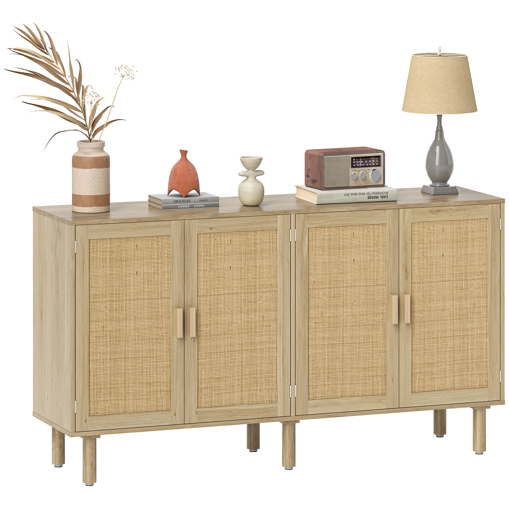 Sideboard Buffet Cabinet, 62" Boho Buffet Table, Rattan Coffee Bar Cabinet with 4 Doors and Shelves for Kitchen, Living Room, Entryway, Natural