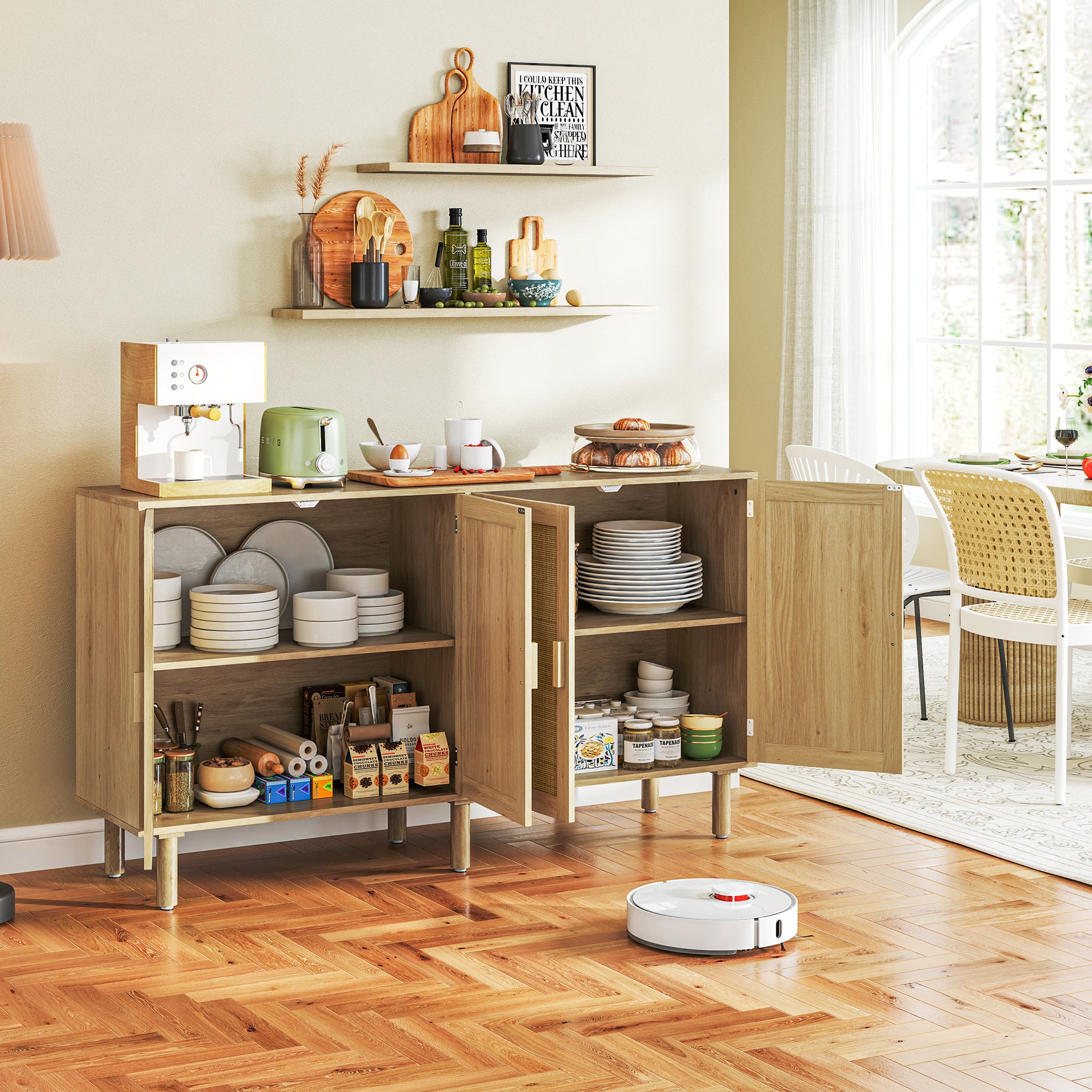 Sideboard Buffet Cabinet, 62" Boho Buffet Table, Rattan Coffee Bar Cabinet with 4 Doors and Shelves for Kitchen, Living Room, Entryway, Natural