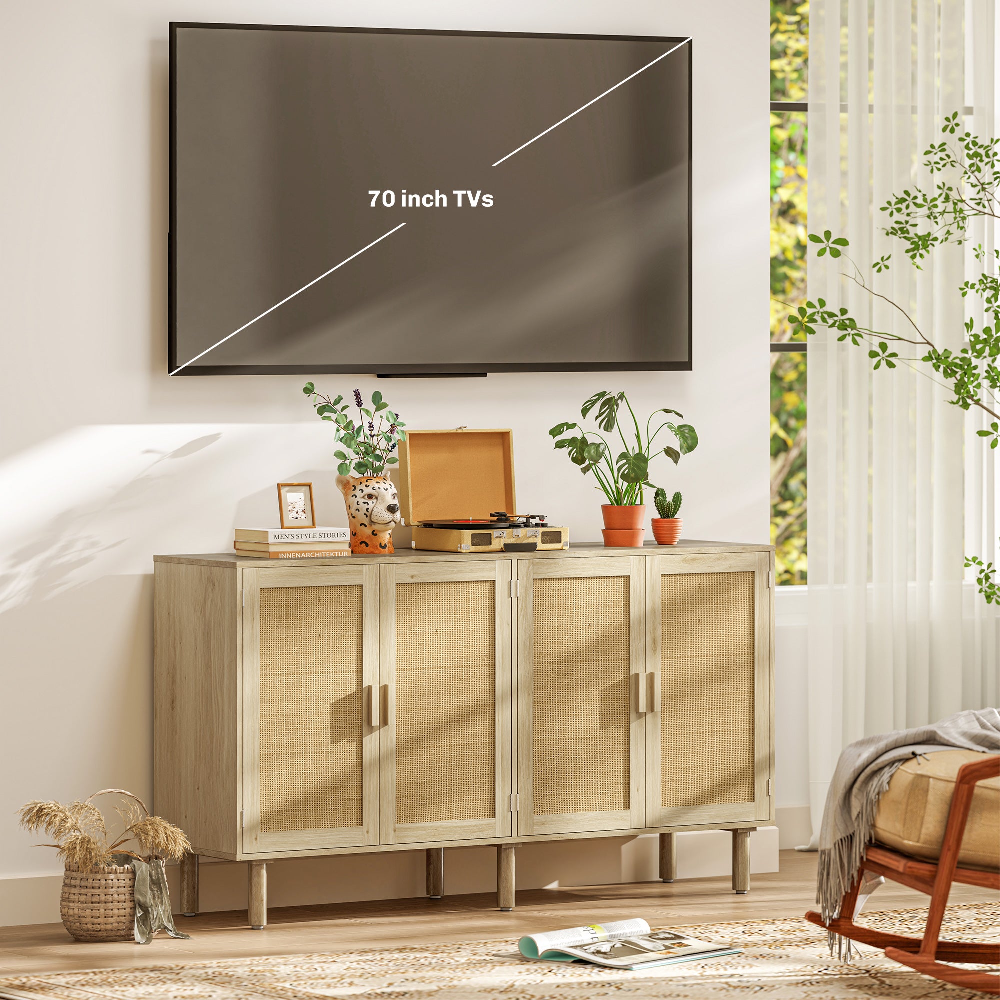 Sideboard Buffet Cabinet, 62" Boho Buffet Table, Rattan Coffee Bar Cabinet with 4 Doors and Shelves for Kitchen, Living Room, Entryway, Natural