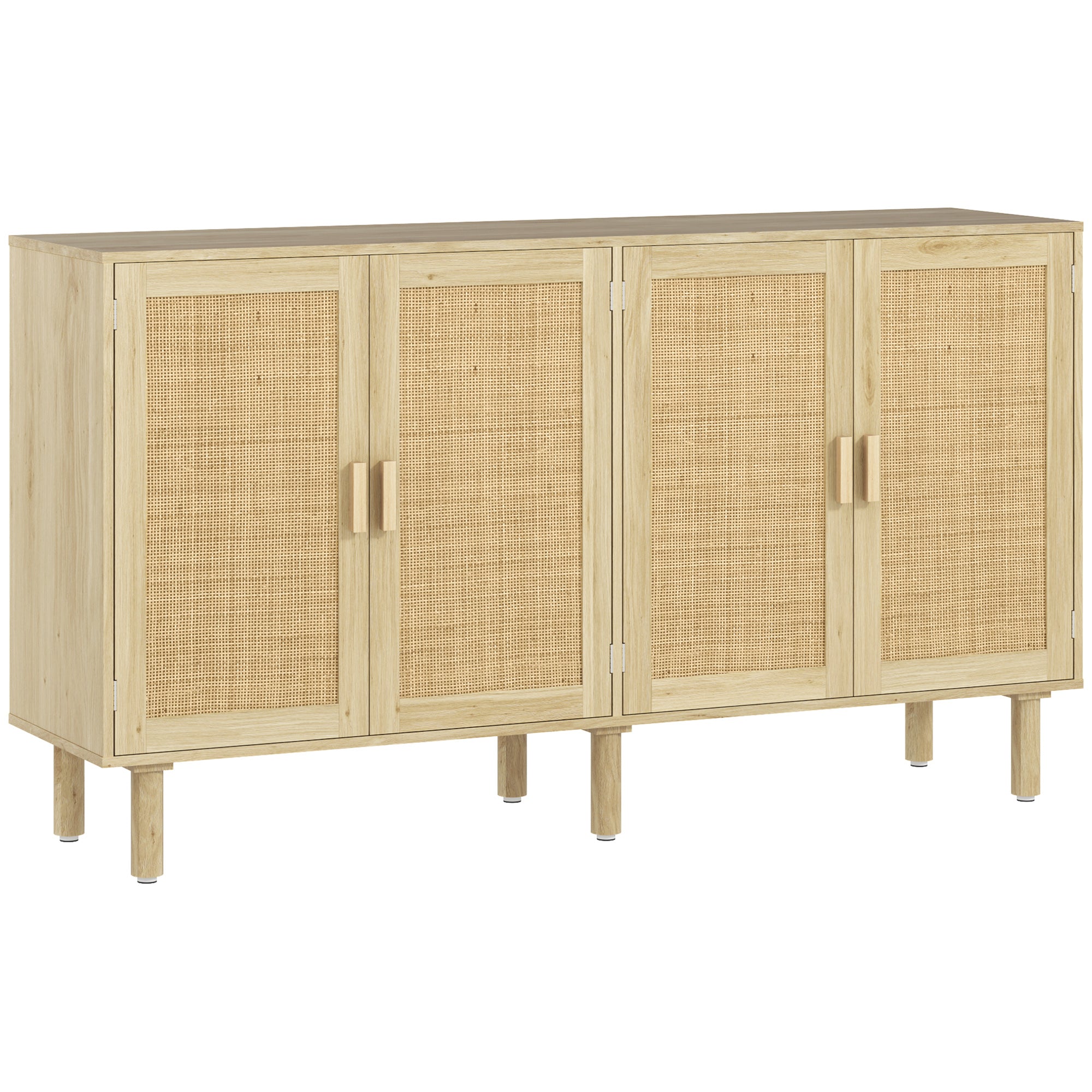 Sideboard Buffet Cabinet, 62" Boho Buffet Table, Rattan Coffee Bar Cabinet with 4 Doors and Shelves for Kitchen, Living Room, Entryway, Natural
