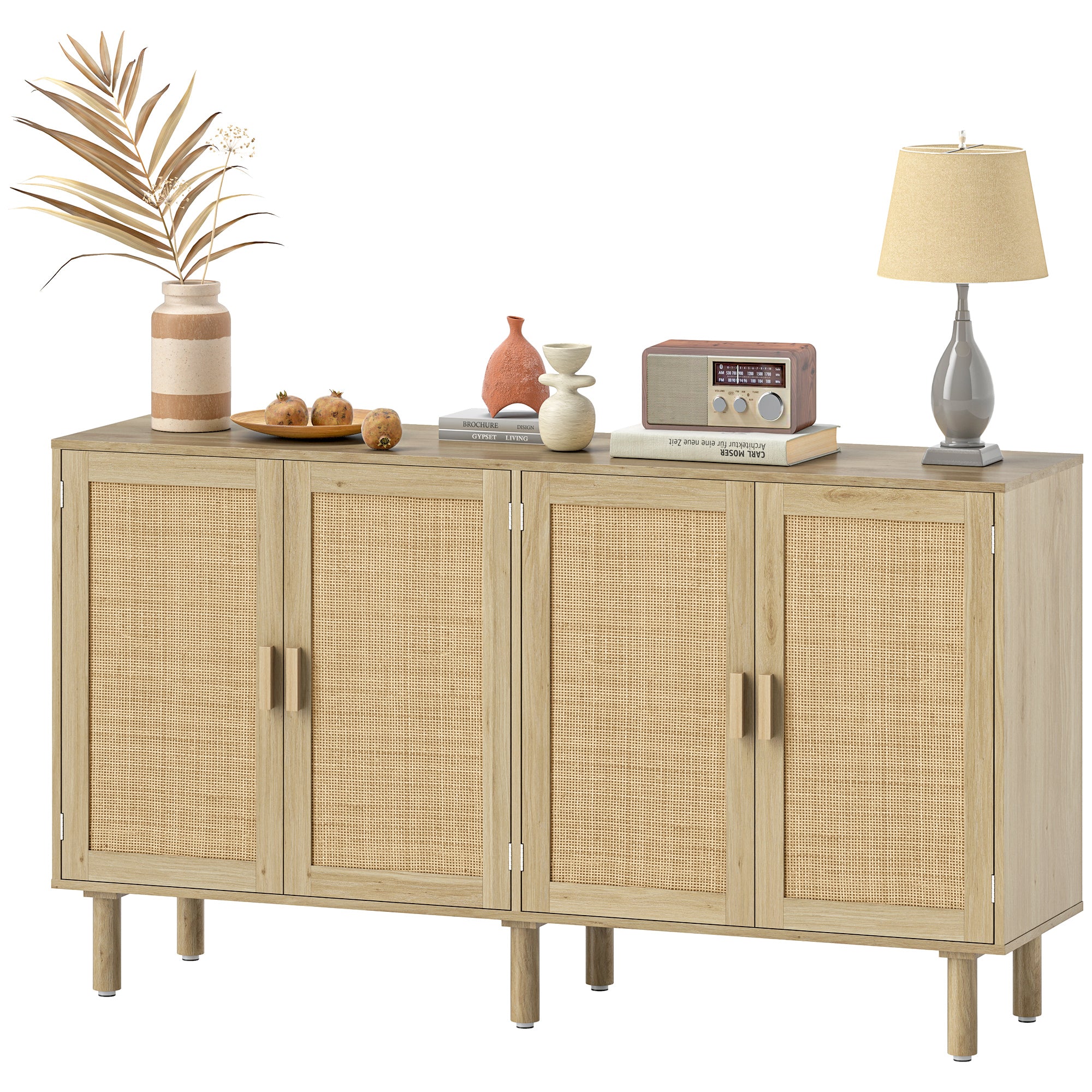 Sideboard Buffet Cabinet, 62" Boho Buffet Table, Rattan Coffee Bar Cabinet with 4 Doors and Shelves for Kitchen, Living Room, Entryway, Natural