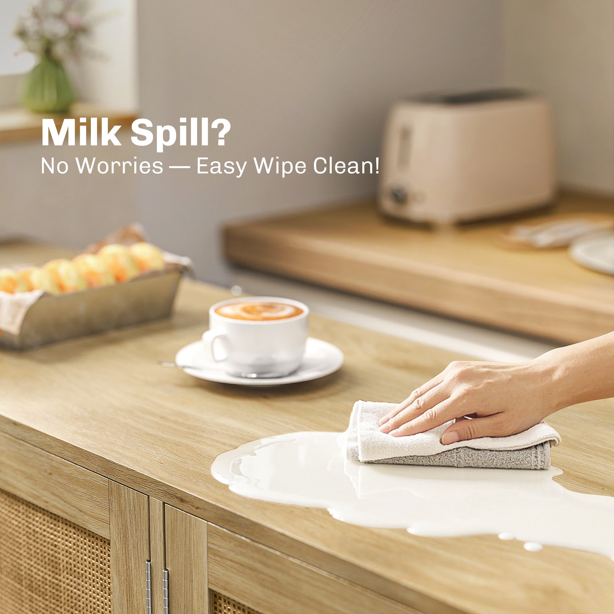 Sideboard Buffet Cabinet, 62" Boho Buffet Table, Rattan Coffee Bar Cabinet with 4 Doors and Shelves for Kitchen, Living Room, Entryway, Natural