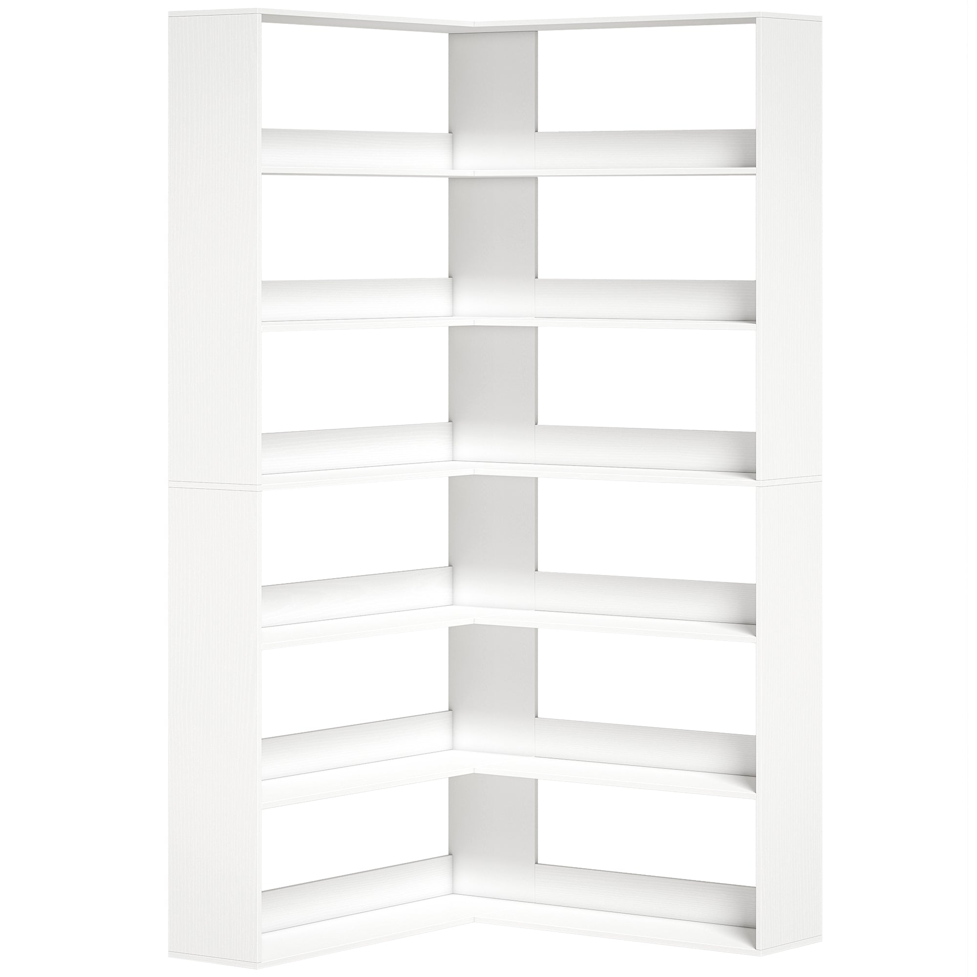 7 Tiers Corner Bookshelf, L-Shaped Bookcase with Anti-Slip Rear Guard, Storage Shelves for Living Room, Bedroom and Home Office, 90W x 90D x 180H cm, White Wood Effect