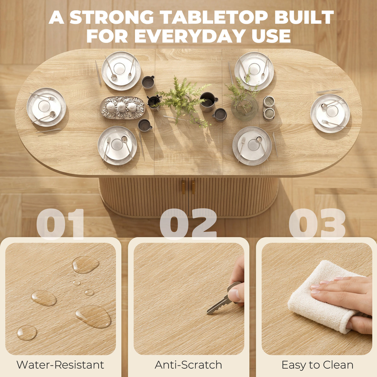 Oval Dining Table for 6 People, Modern Farmhouse Kitchen Table with Thick Tabletop, Under Cabinets and Tambour Sliding Doors for Kitchen, Dining Room, Living Room, Oak