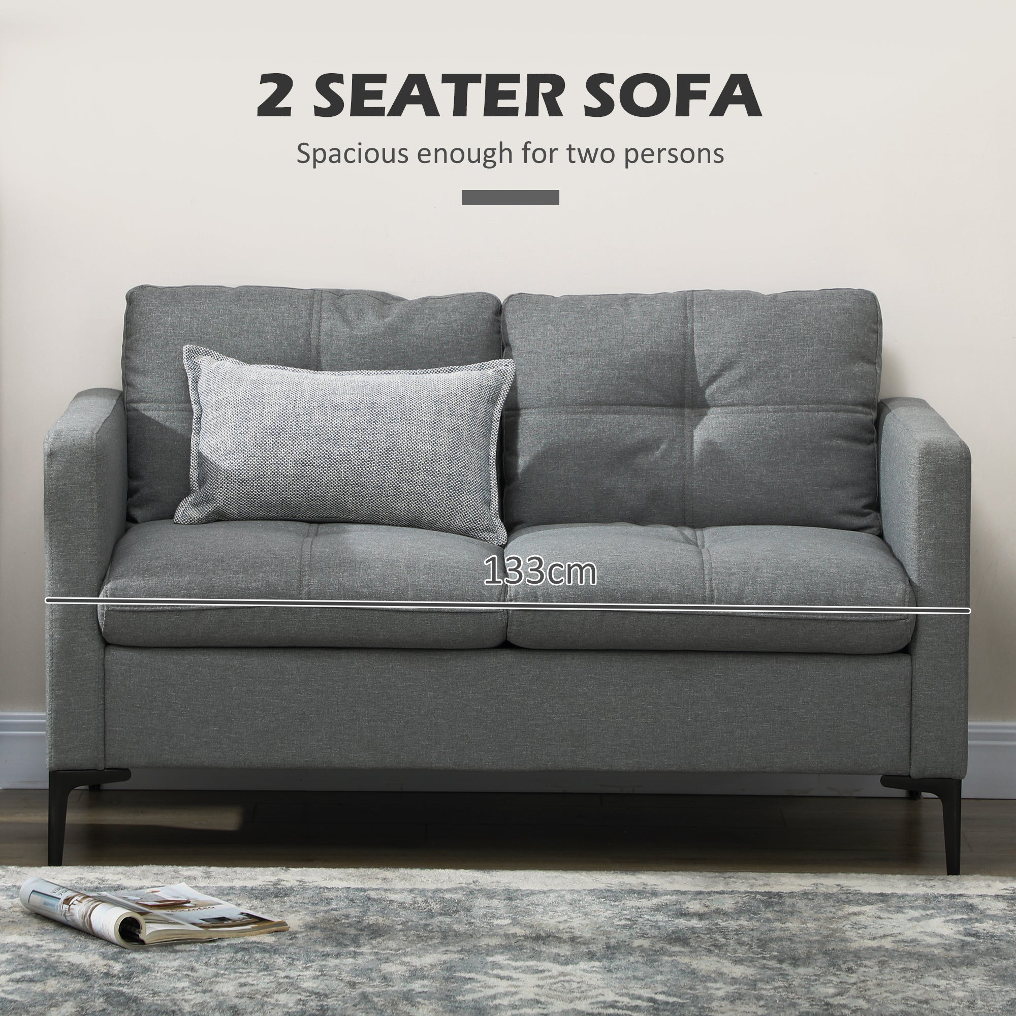 HOMCOM 2 Seater Sofa for Living Room, 133cm Loveseat Sofa, Modern Fabric Couch with Steel Legs for Bedroom, Dark Grey