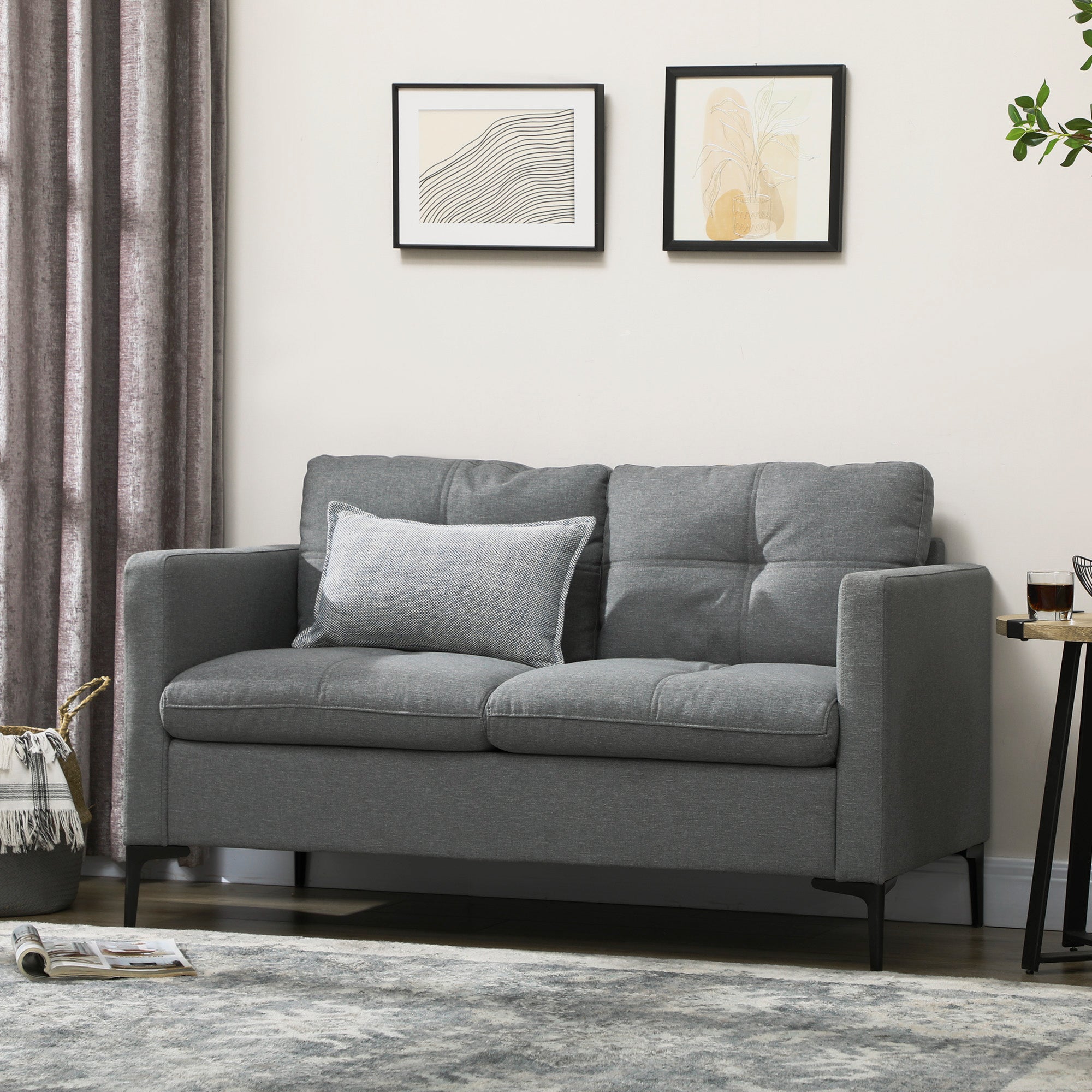 HOMCOM 2 Seater Sofa for Living Room, 133cm Loveseat Sofa, Modern Fabric Couch with Steel Legs for Bedroom, Dark Grey