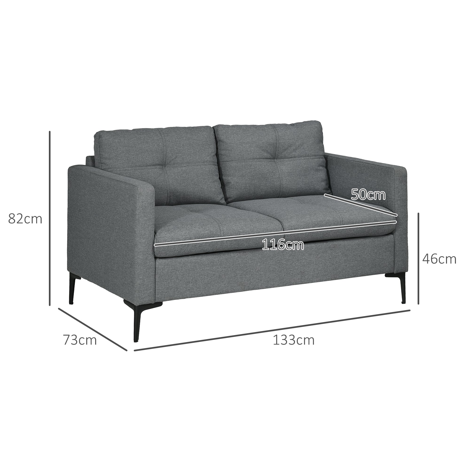 HOMCOM 2 Seater Sofa for Living Room, 133cm Loveseat Sofa, Modern Fabric Couch with Steel Legs for Bedroom, Dark Grey