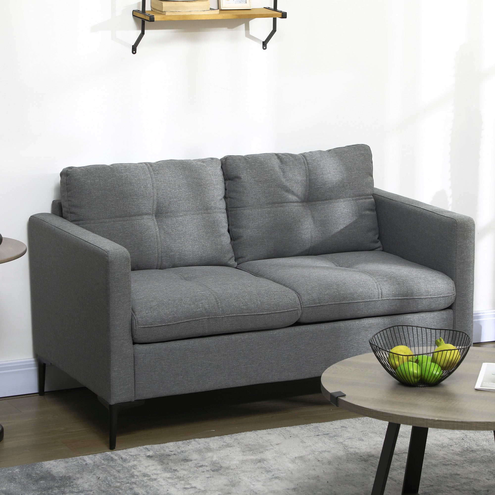 HOMCOM 2 Seater Sofa for Living Room, 133cm Loveseat Sofa, Modern Fabric Couch with Steel Legs for Bedroom, Dark Grey