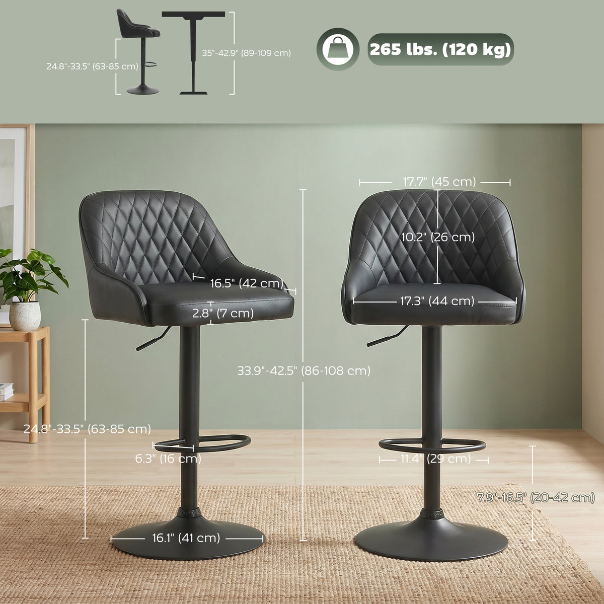 Adjustable Bar Stools Set of 2, Modern Swivel Counter Height Barstools with Back, Footrest, PU Leather Upholstered Bar Chairs for Kitchen Island Counter Dining Room, Black