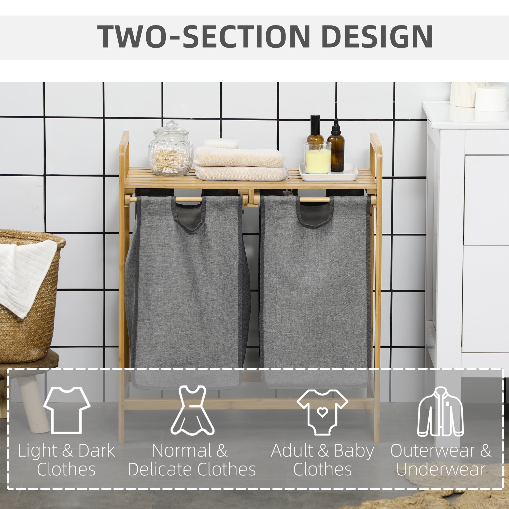 HOMCOM Bamboo Laundry Basket, Laundry Hamper with Shelf, 2 Pull-out Bags for Bedroom, Bathroom, Laundry Room, 64 x 33 x 73 cm, Grey