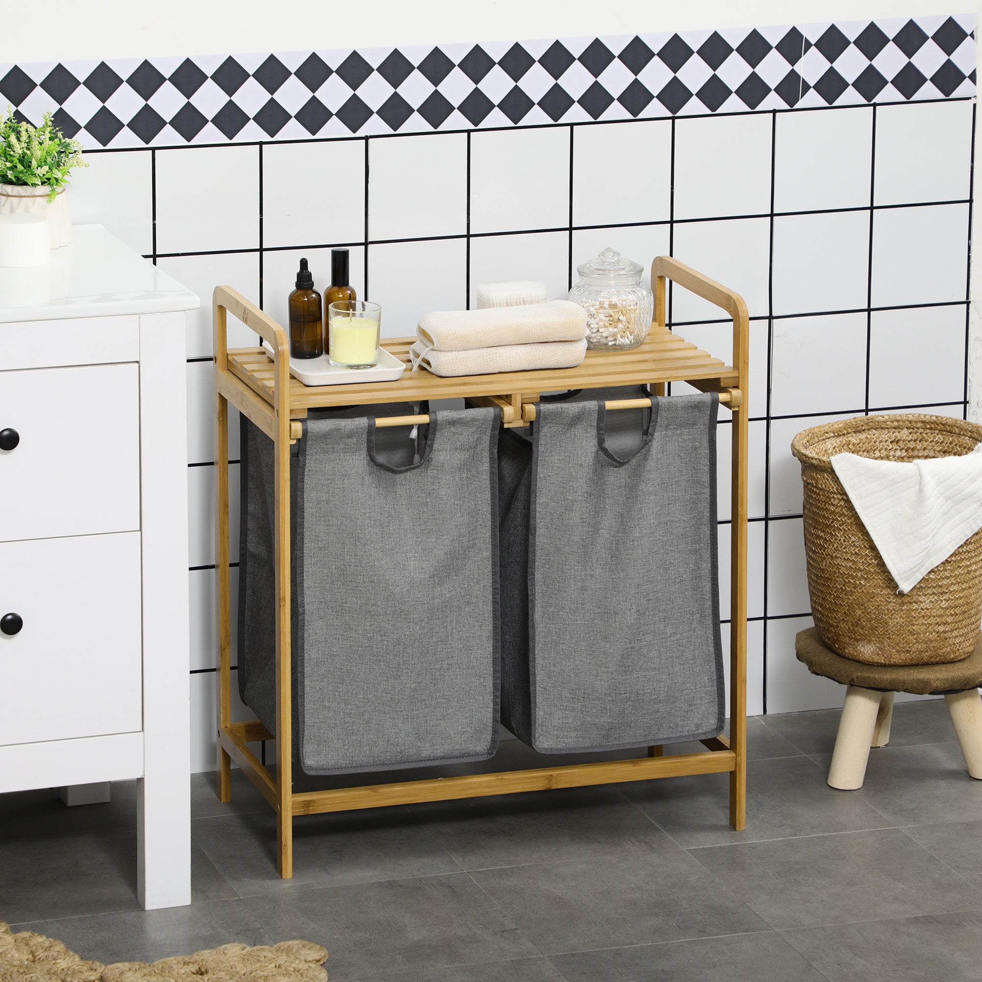 HOMCOM Bamboo Laundry Basket, Laundry Hamper with Shelf, 2 Pull-out Bags for Bedroom, Bathroom, Laundry Room, 64 x 33 x 73 cm, Grey