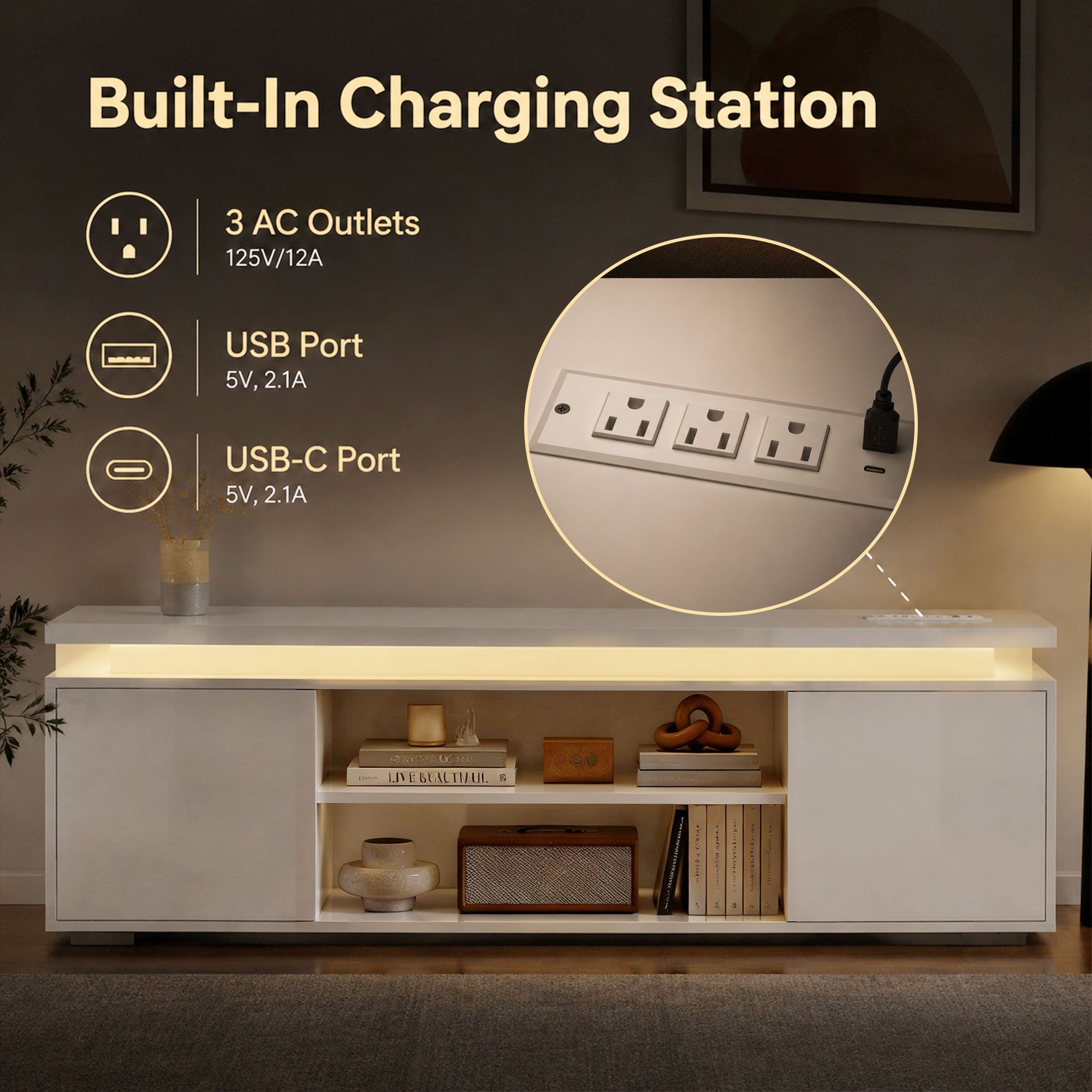 TV Stand for TVs up to 60 Inch, Modern Entertainment Center with LED Lights and Power Outlets, Media Console Table with 2 Cabinets & Adjustable Open Shelf, High Gloss White