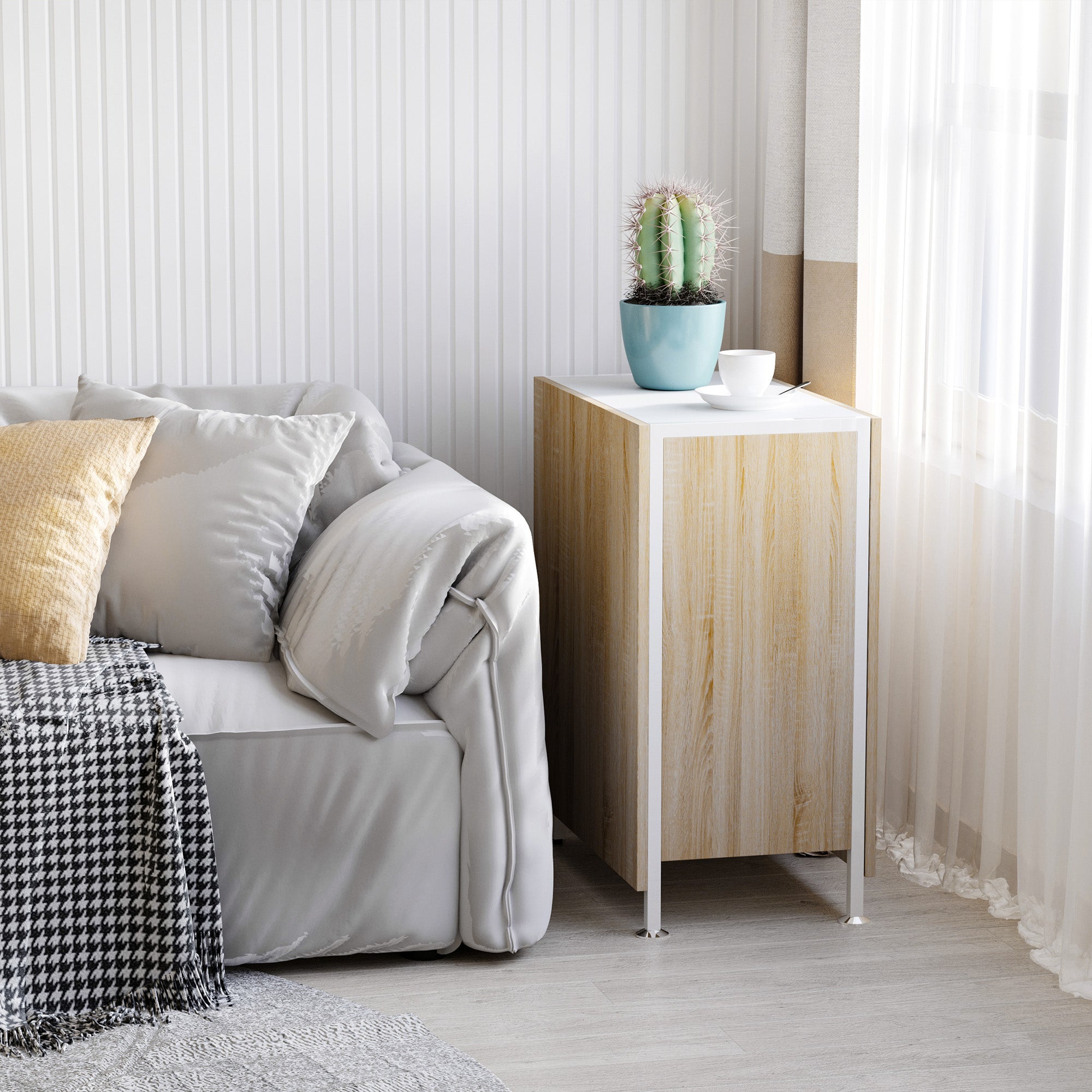 Foldable Drop Leaf Dining Table Folding Workstation for Small Space with Storage Shelves Cubes Oak & White