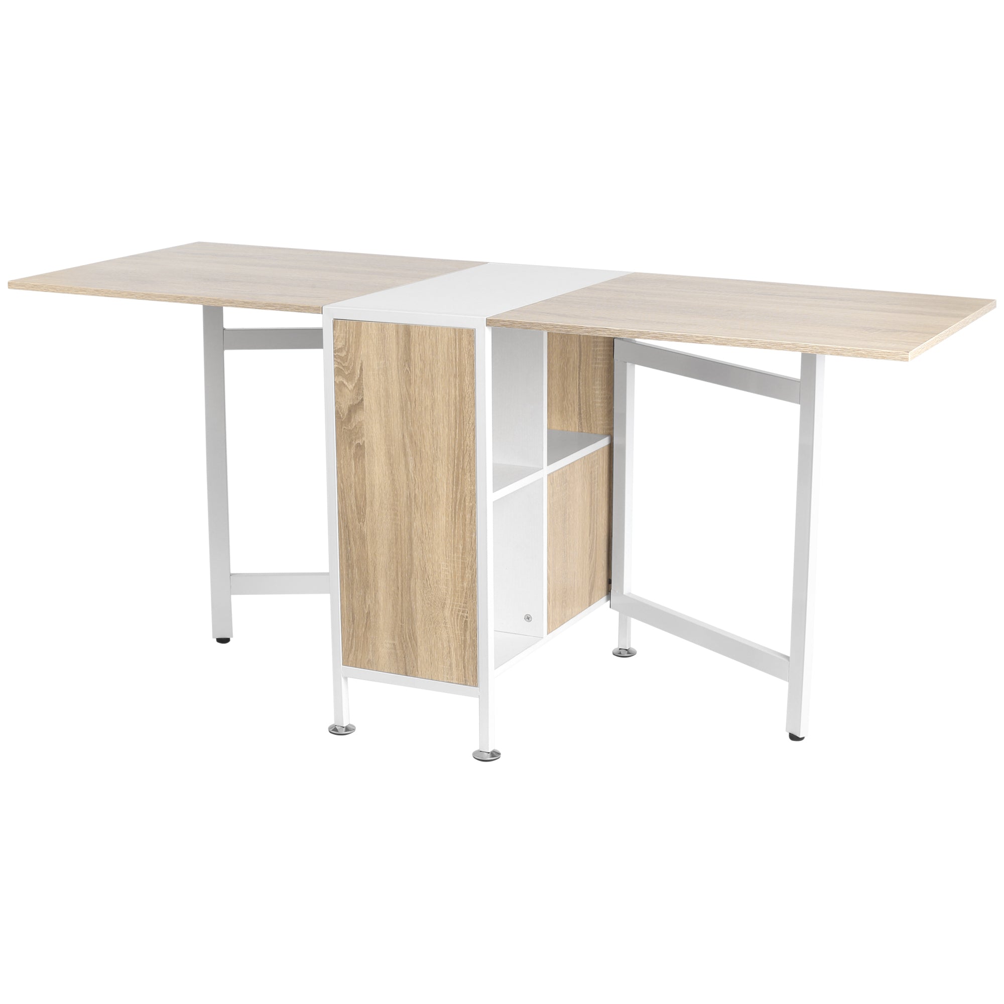 Foldable Drop Leaf Dining Table Folding Workstation for Small Space with Storage Shelves Cubes Oak & White