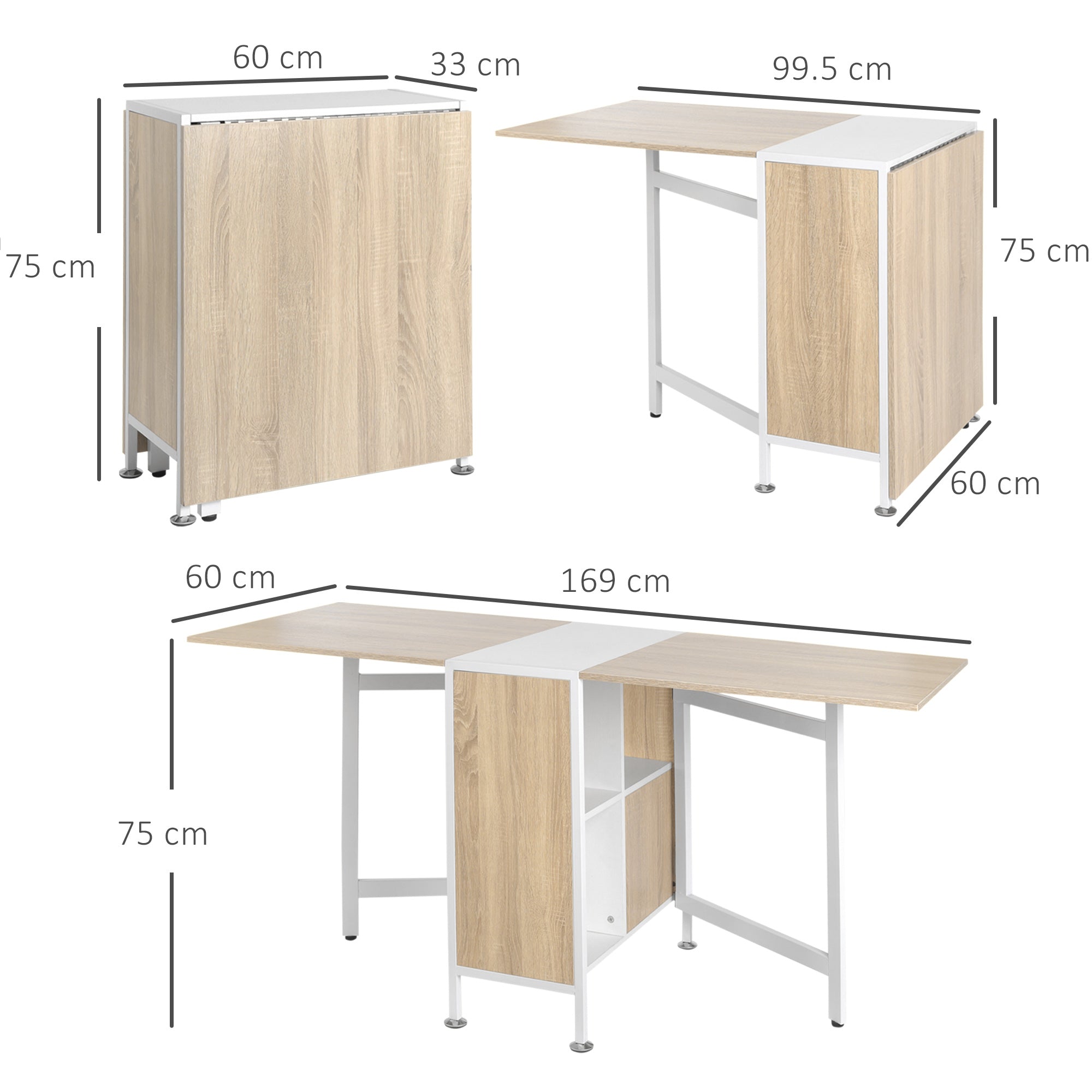 Foldable Drop Leaf Dining Table Folding Workstation for Small Space with Storage Shelves Cubes Oak & White