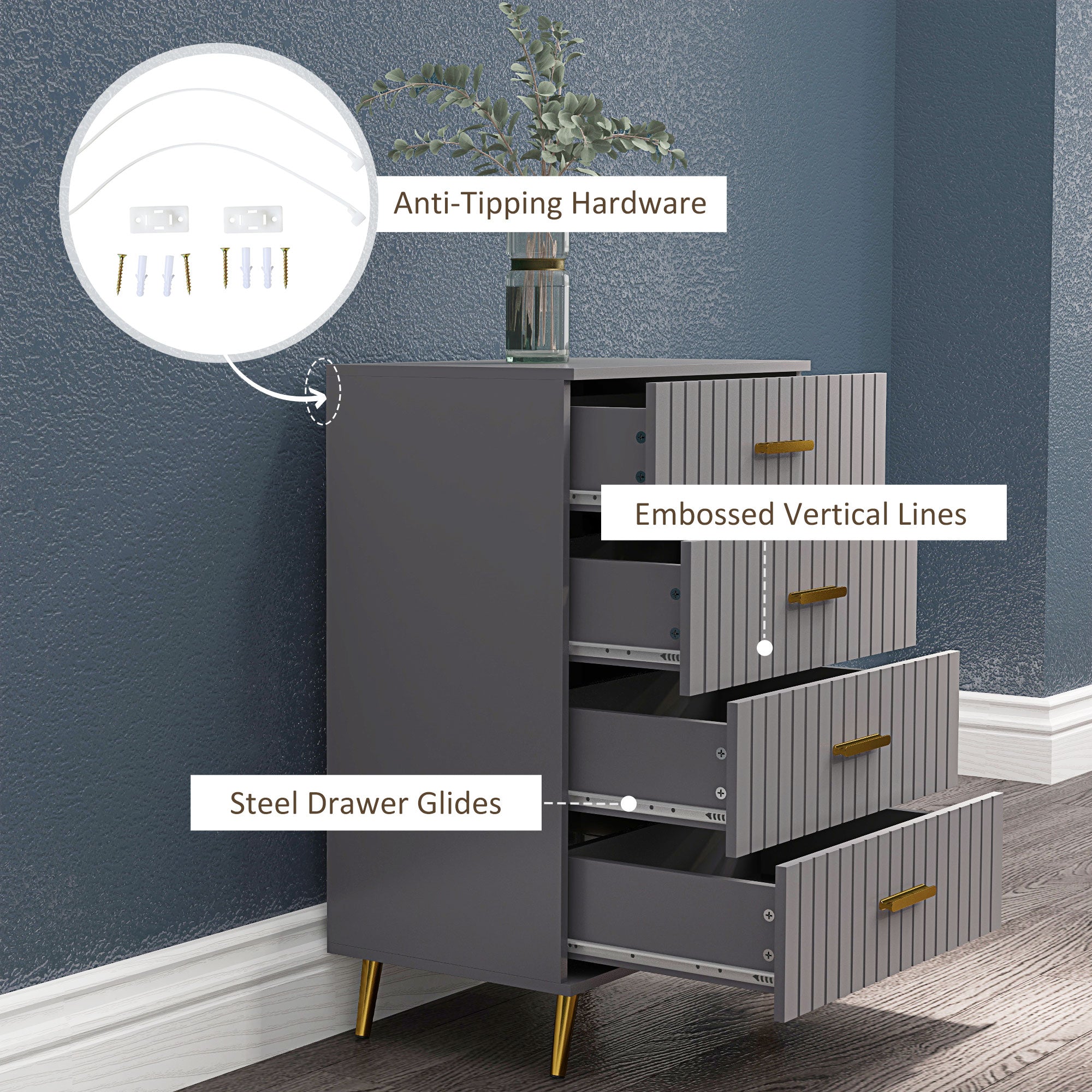 HOMCOM Bedroom Chest of Drawers, Modern 4-Drawer Dresser, Storage Drawer Unit with Aluminium Legs, Dark Grey