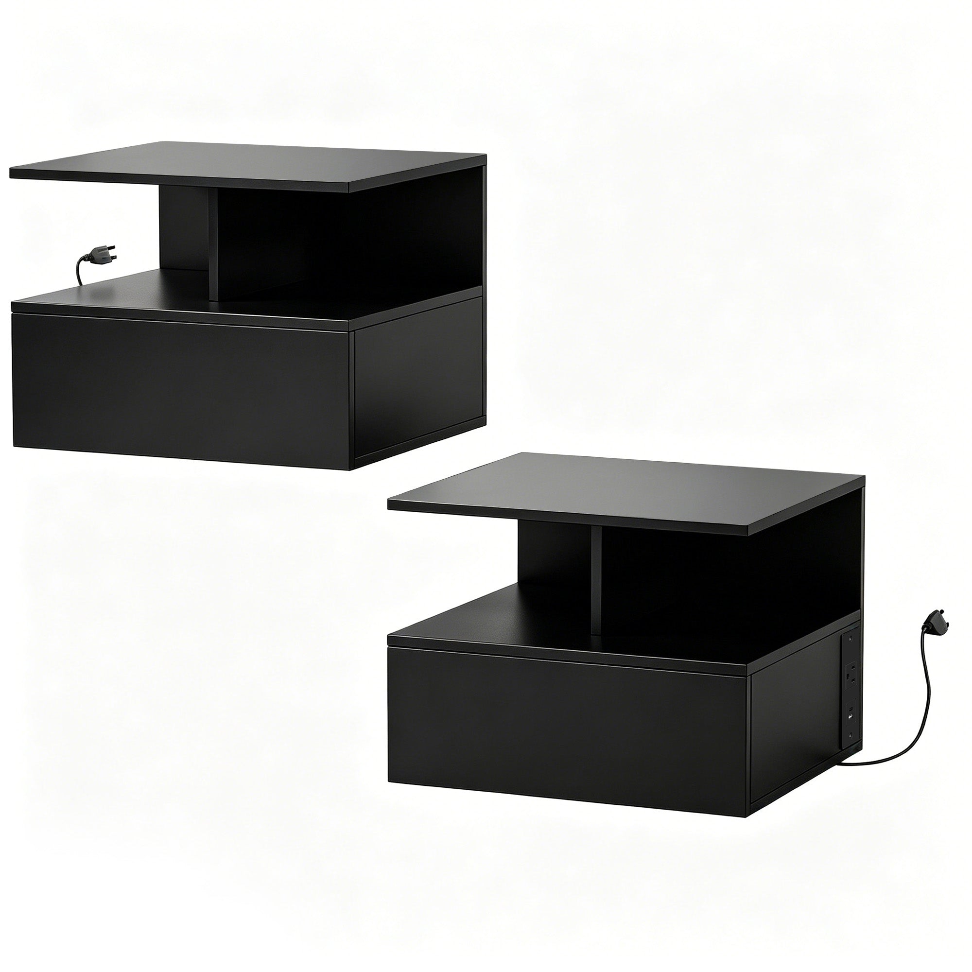 Floating Nightstand Set of 2, Wall Mounted Bedside Table with Power Outlets, Drawer and Open Shelf, Small Night Stand for Bedroom, Black