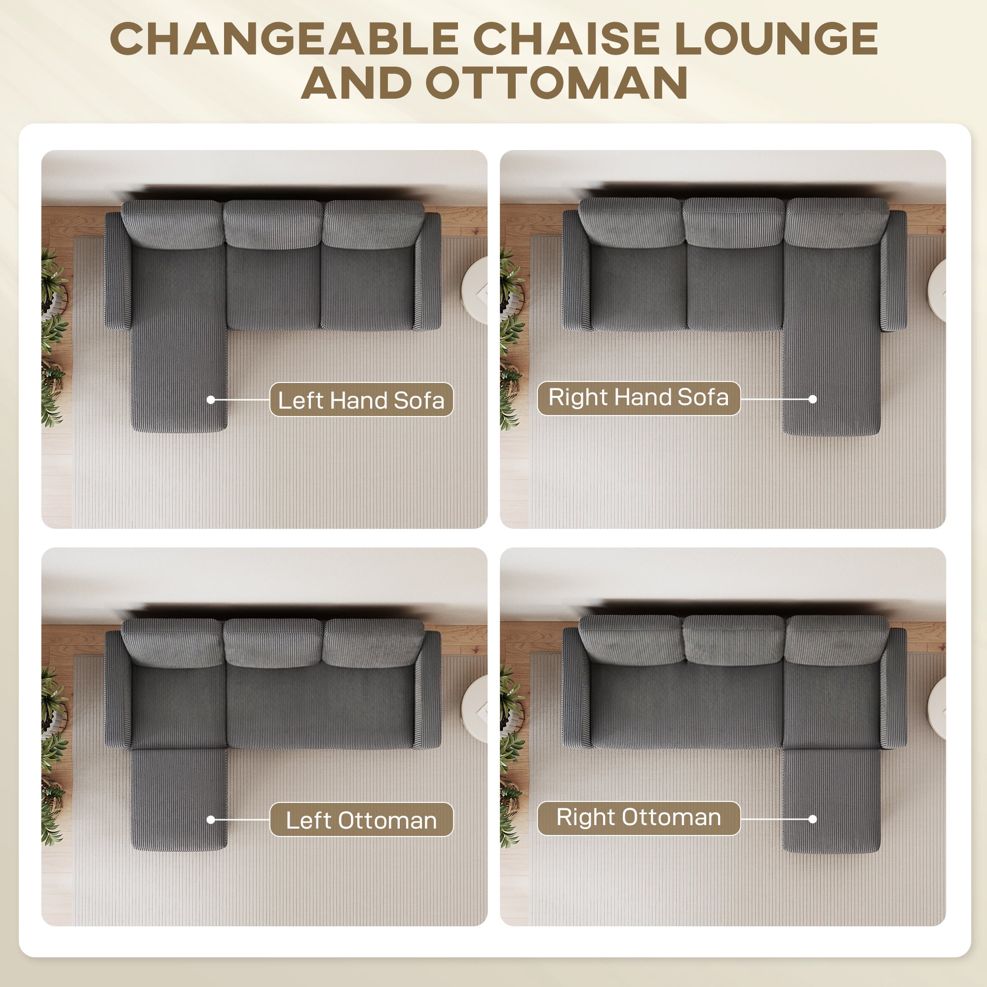 73" Sectional Sofa, L Shaped Couch with Reversible Chaise or Ottoman, Corduroy 3 Seat Sectional Couch for Living Room, Bedroom, Apartment, 2200lb Capacity, Dark Gray