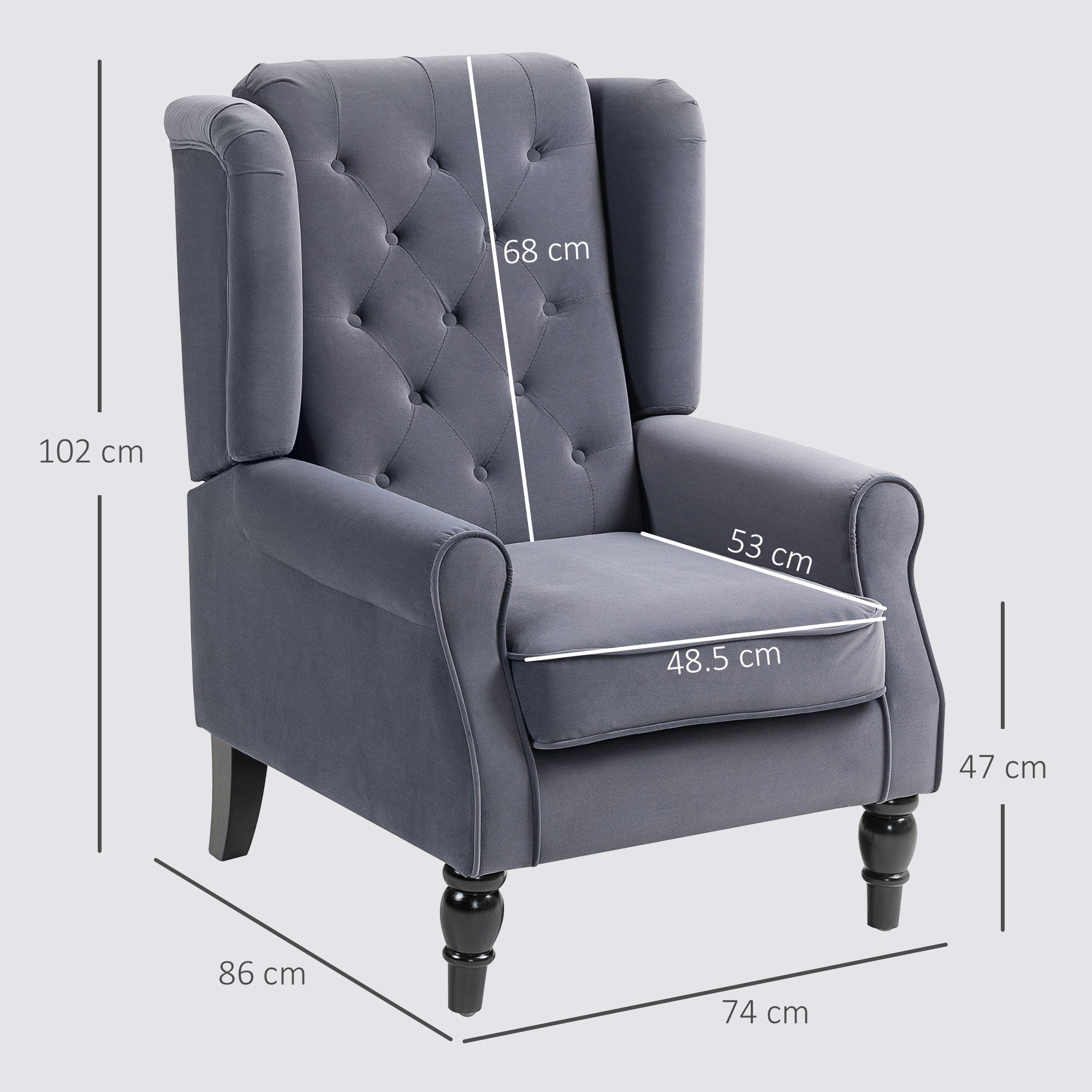 Retro Accent Chair, Velvet Wingback Armchair with Wood Frame Button Tufted Design for Living Room Bedroom, Charcoal Grey