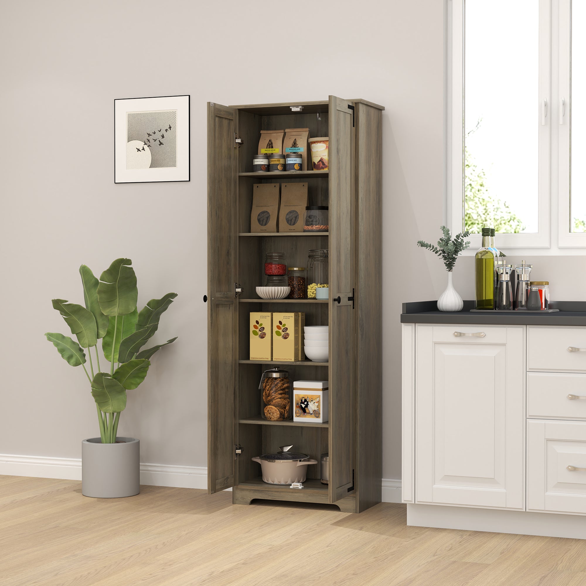 67" Farmhouse Pantry Cabinet, Freestanding Kitchen Pantry Storage Cabinet with Adjustable Shelves, Tall Storage Cupboard with Recessed Doors, Distressed Gray