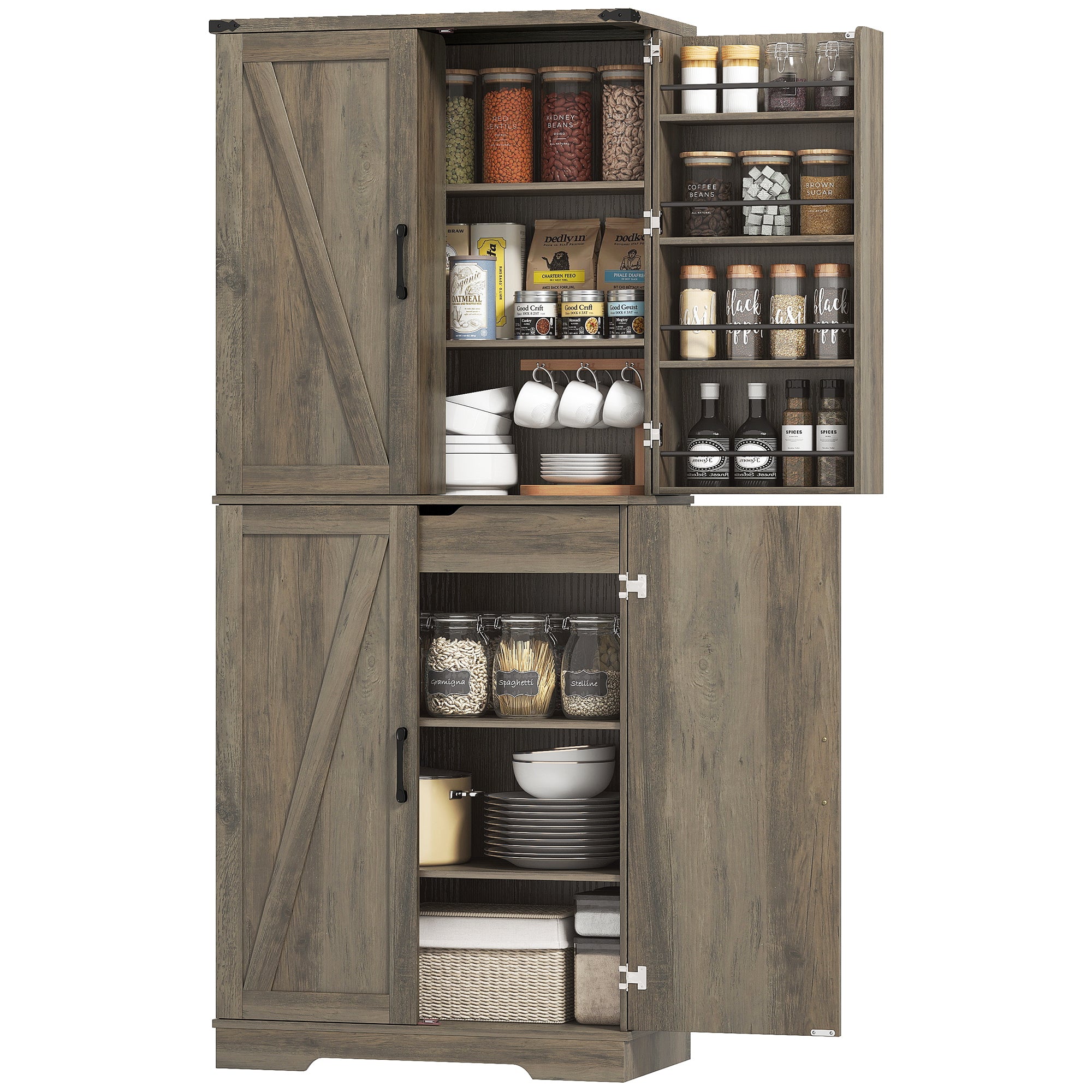 72" Kitchen Pantry Cabinet, Farmhouse Freestanding Tall Kitchen Storage Cabinet with 4 Barn Doors, Hidden Drawer, 8 Door Shelves and Adjustable Shelf, Light Ivory Grey