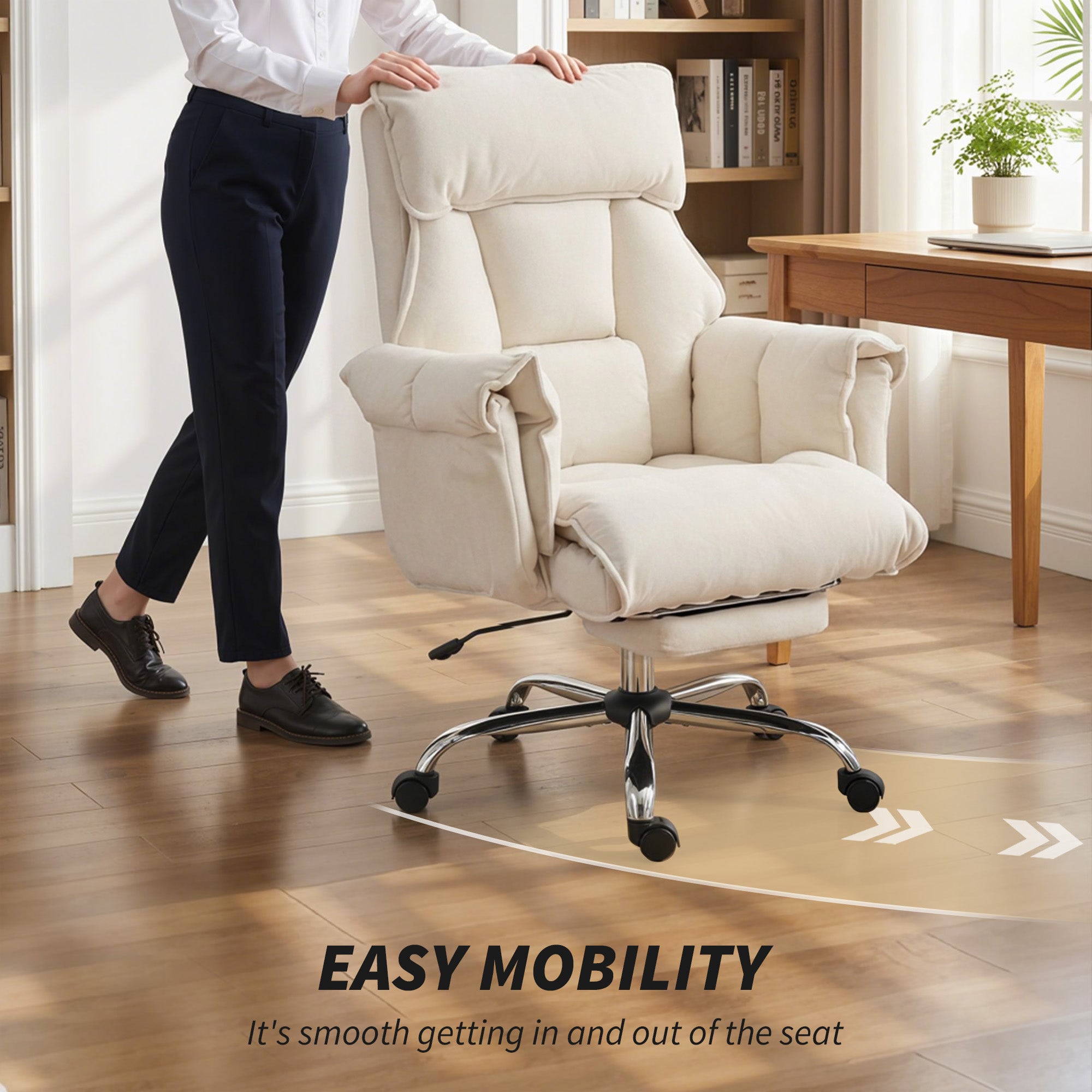 Executive Office Chair with Footrest, Reclining Swivel Computer Desk Chair with High Back, Double-layer Padding, Headrest, Adjustable Height, Rolling Wheels, Cream White